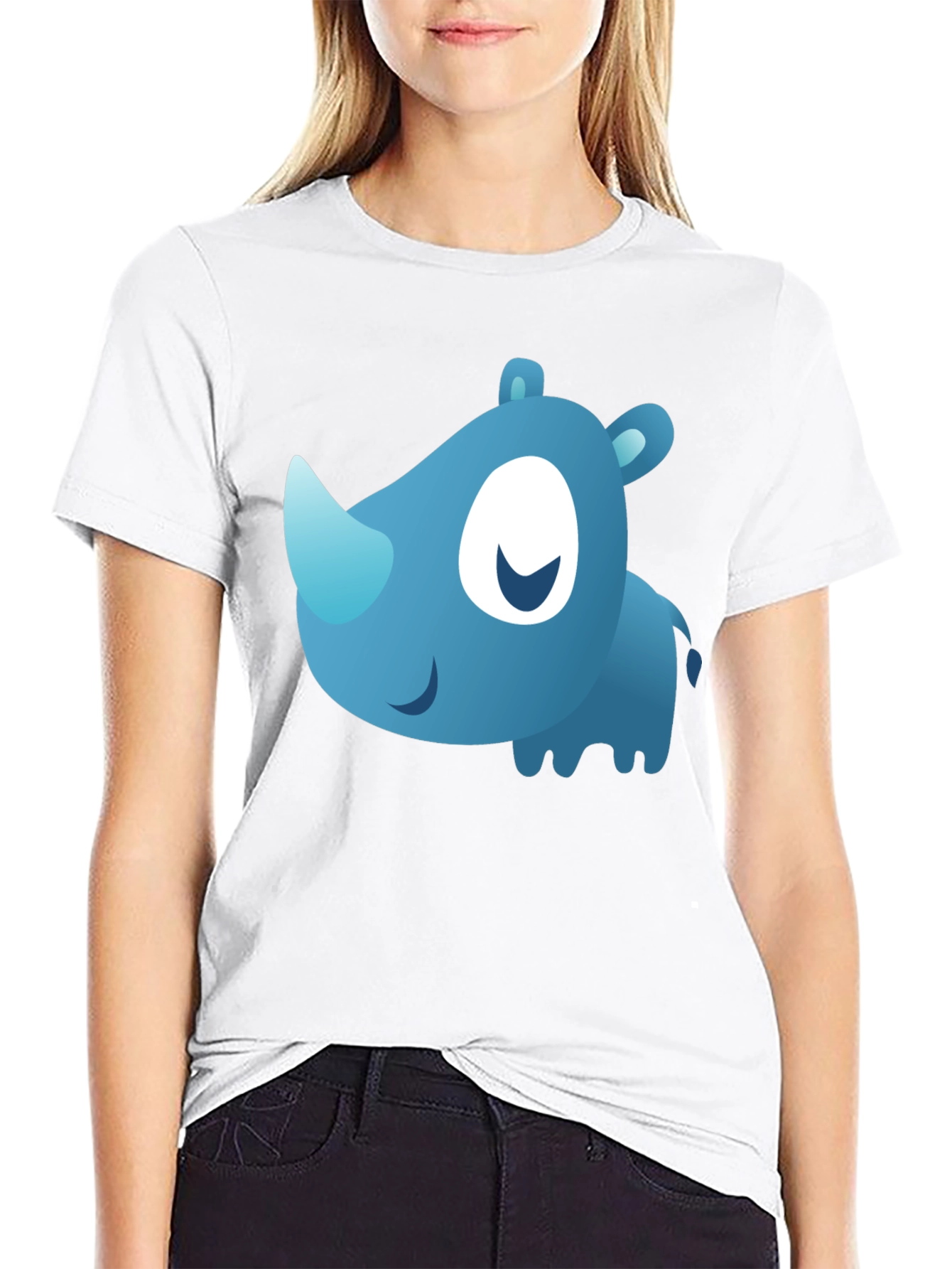 Cute Blue Cartoon Rhino Black T-Shirt