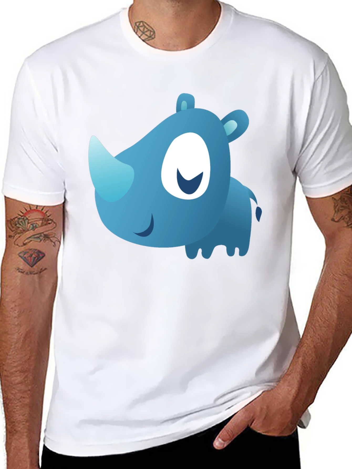 Cute Blue Cartoon Rhino Black T-Shirt