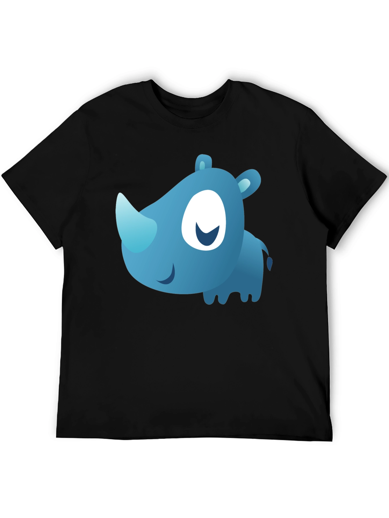 Cute Blue Cartoon Rhino Black T-Shirt