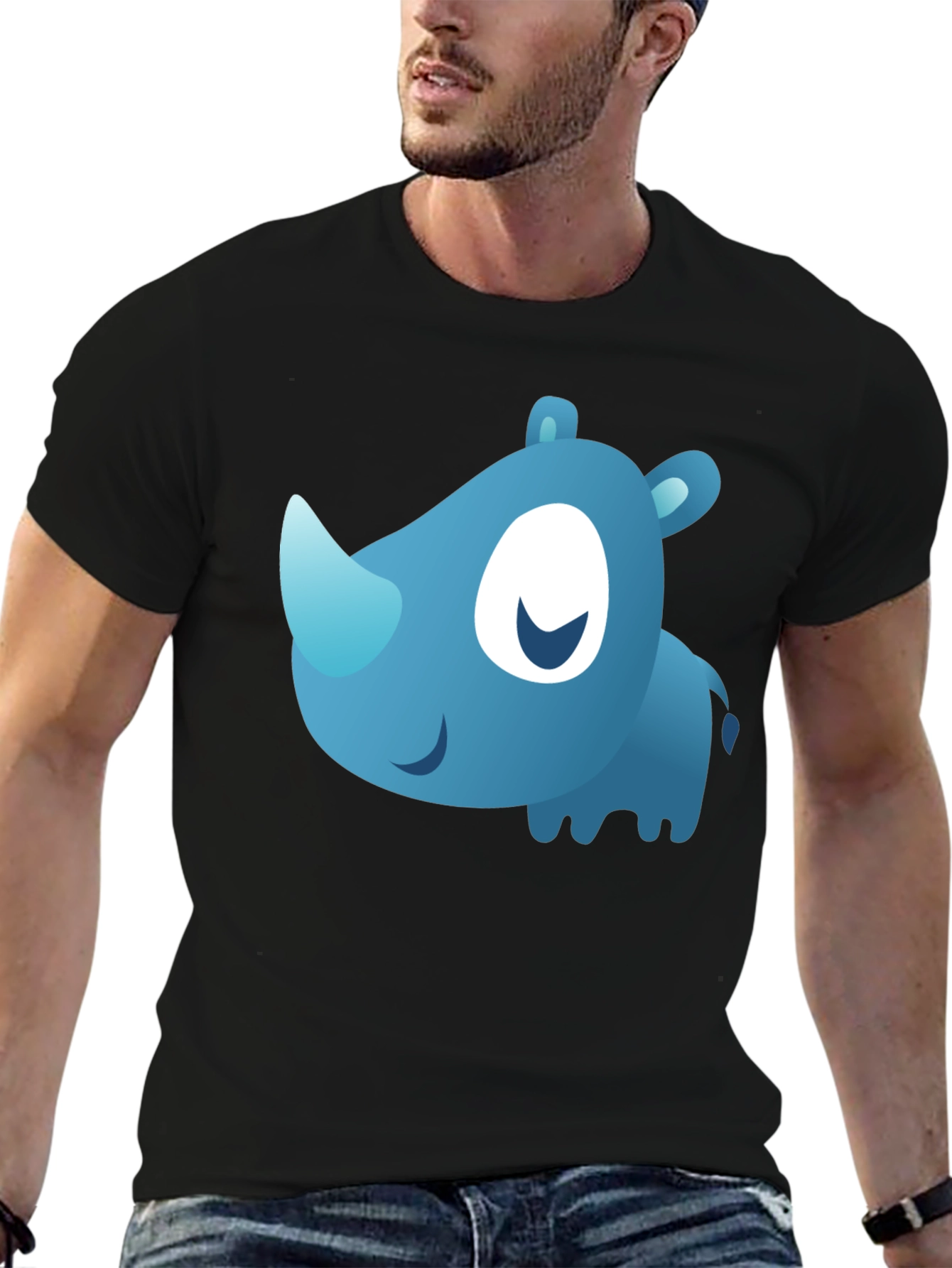 Cute Blue Cartoon Rhino Black T-Shirt