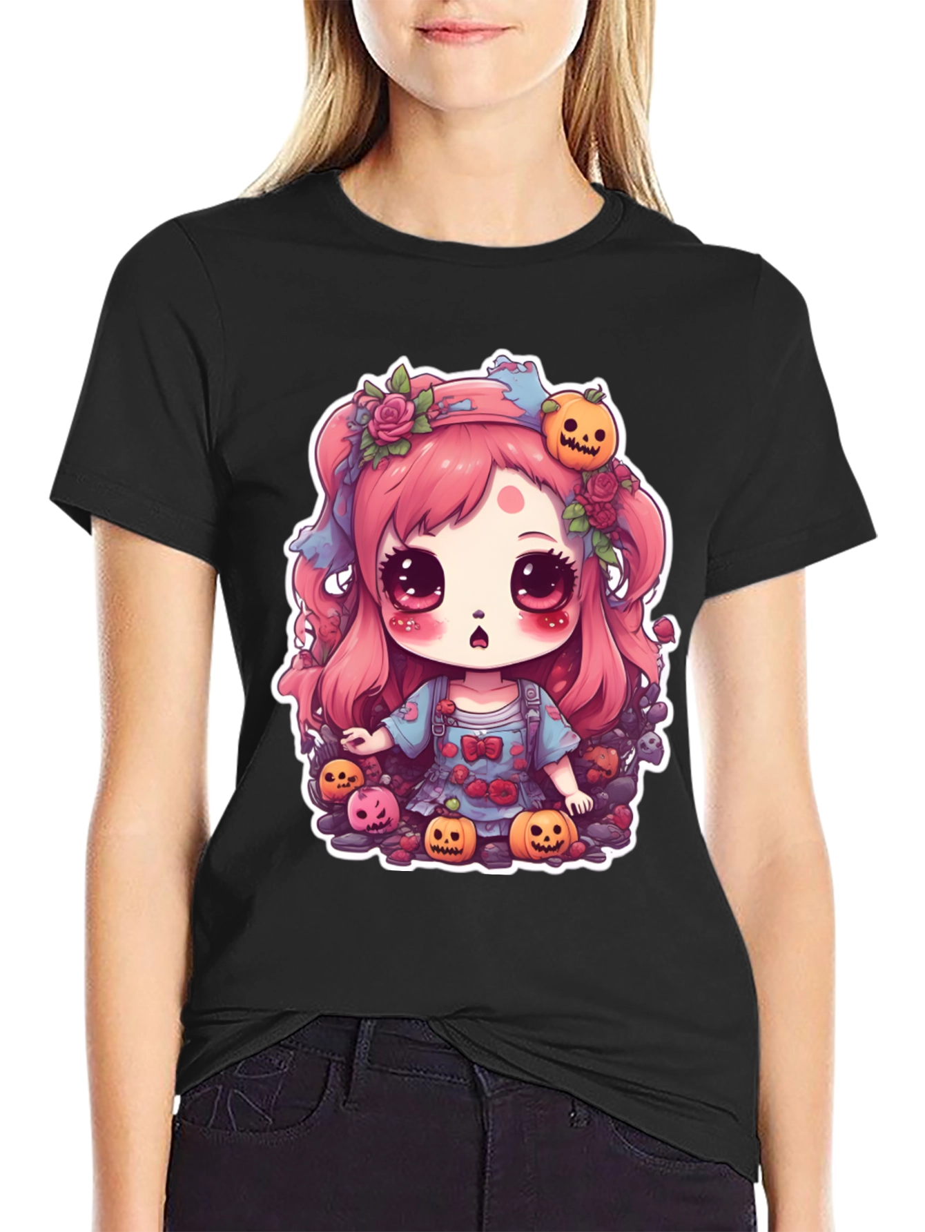 Kawaii Halloween Girl Black T-Shirt