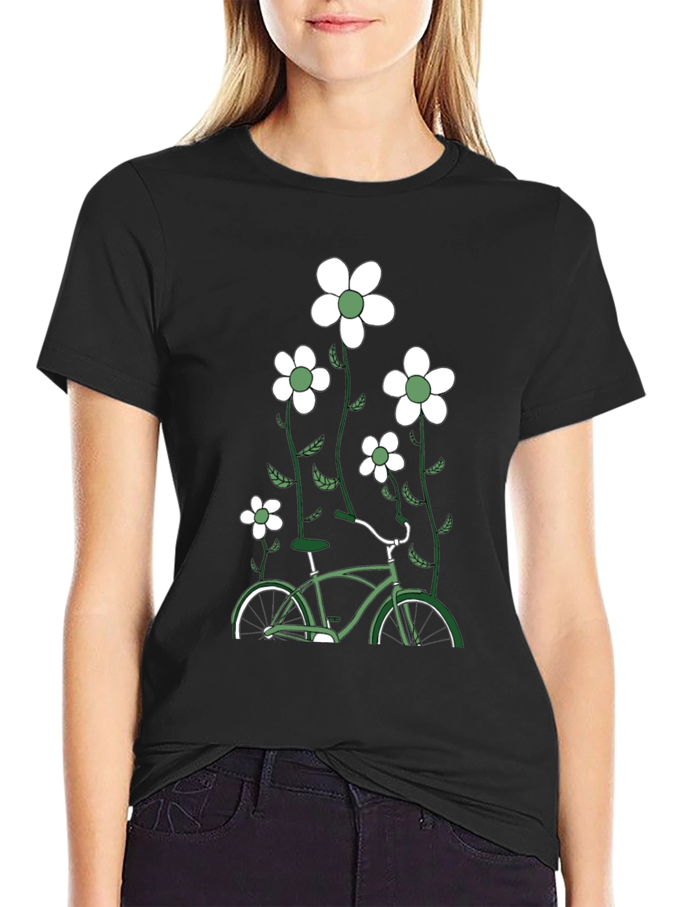 Mens Black Bicycle & Flowers Graphic Tee