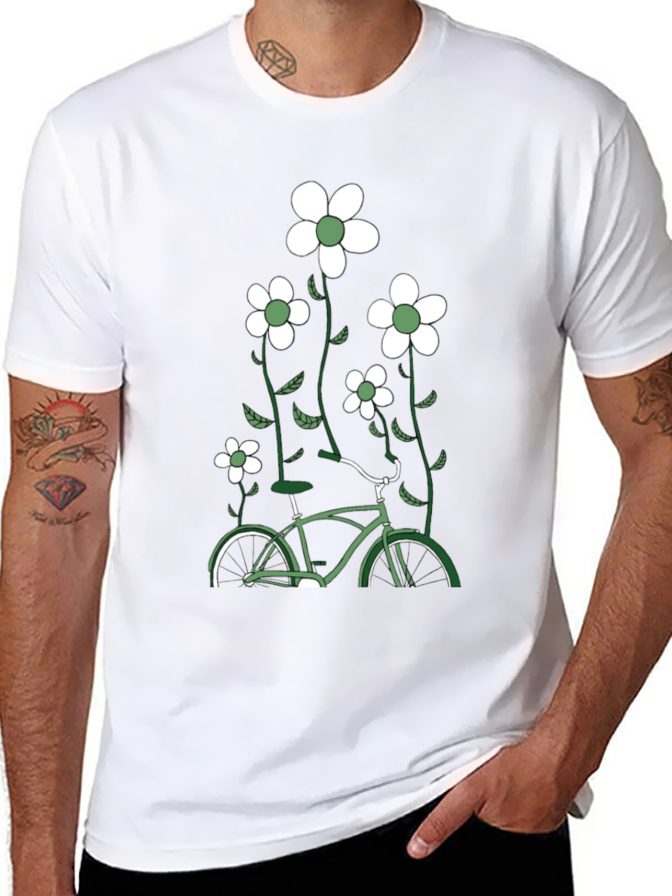 Mens Black Bicycle & Flowers Graphic Tee
