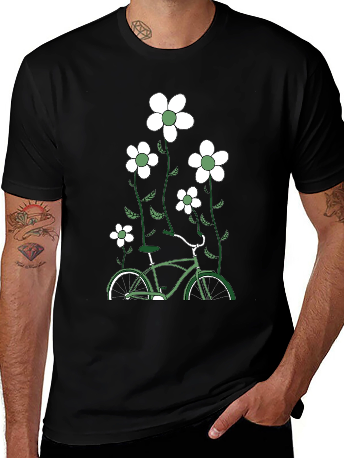 Mens Black Bicycle & Flowers Graphic Tee