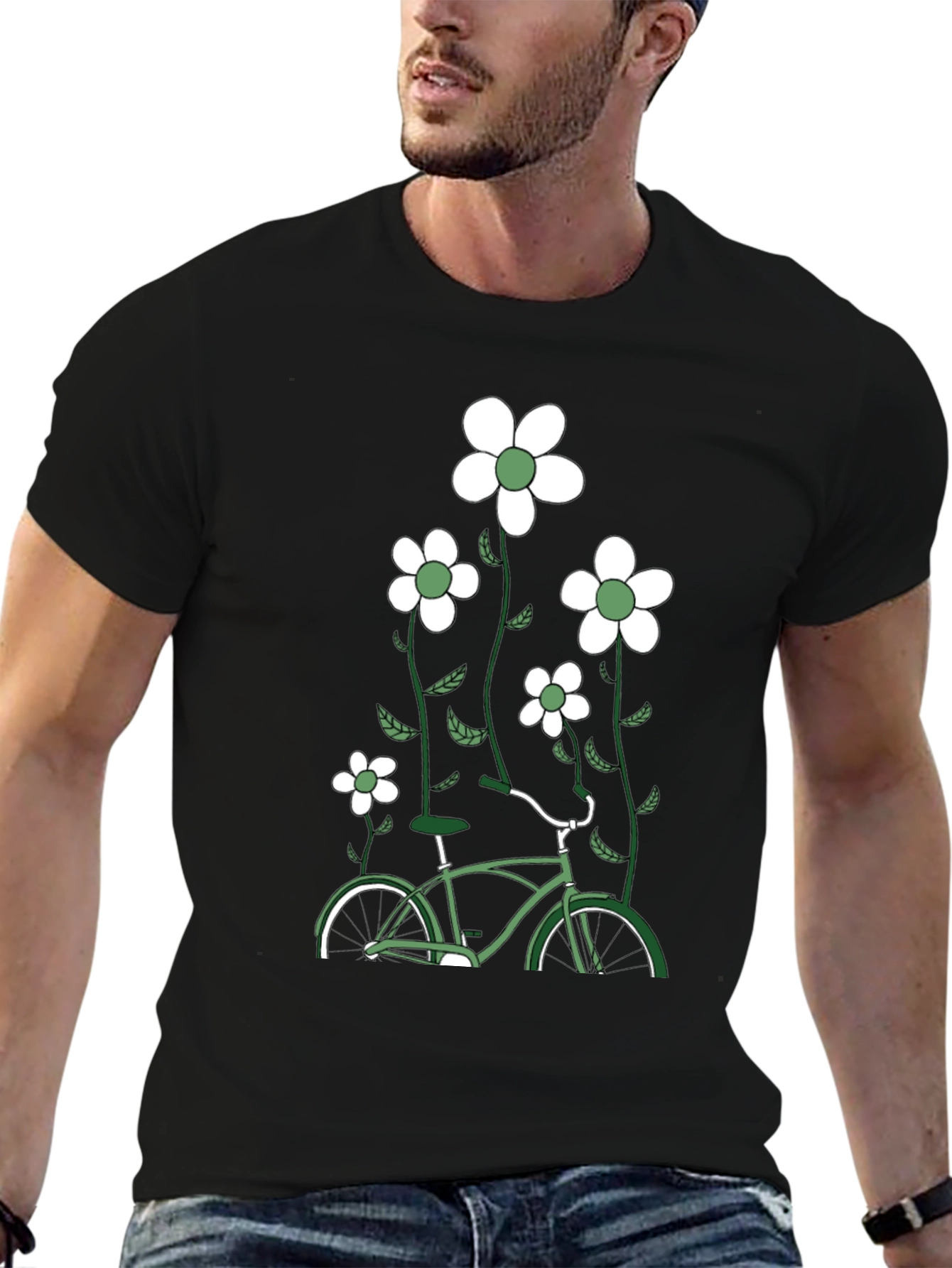 Mens Black Bicycle & Flowers Graphic Tee