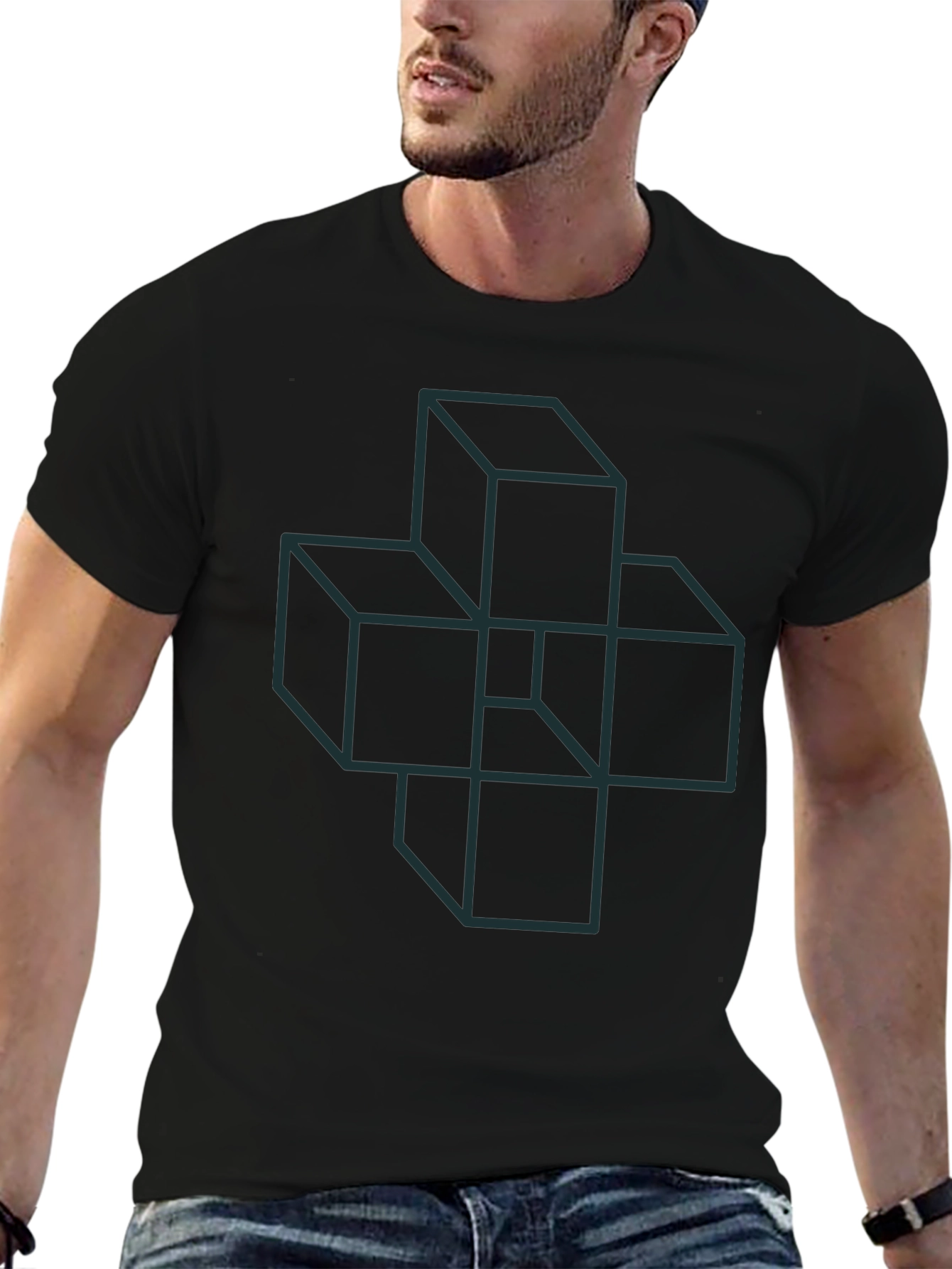 Geometric Cube Illusion Graphic Tee - Black