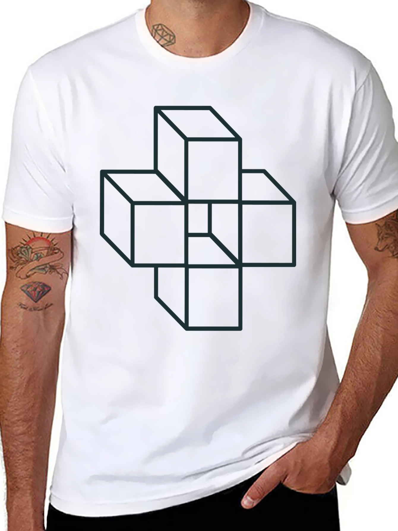 Geometric Cube Illusion Graphic Tee - Black