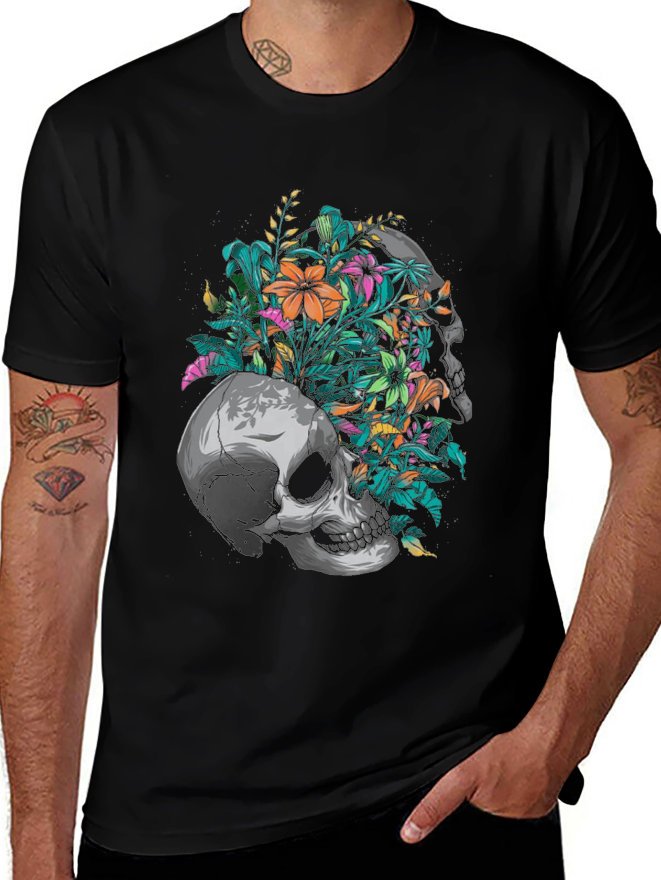 Floral Skull Graphic Black T-Shirt