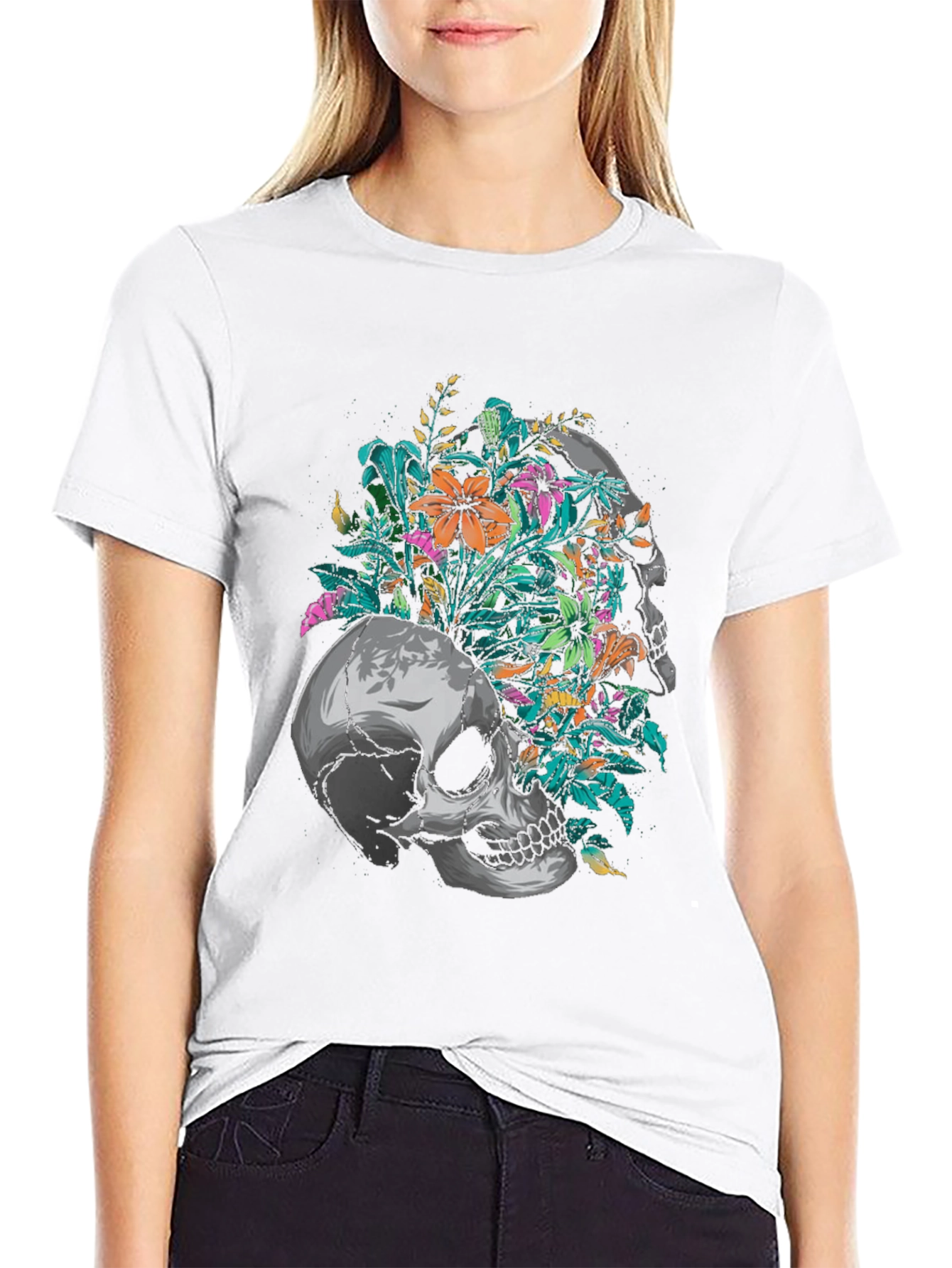 Floral Skull Graphic Black T-Shirt