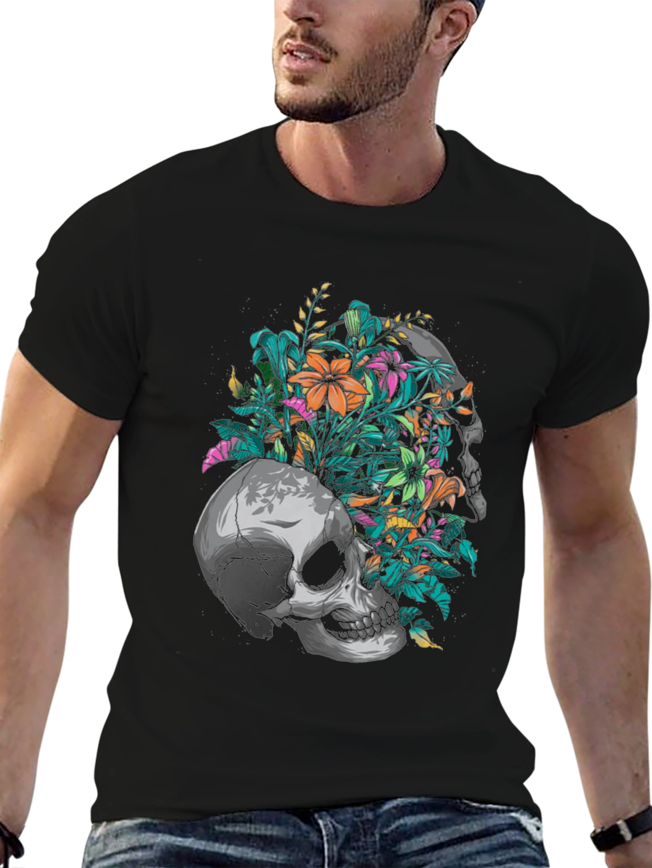 Floral Skull Graphic Black T-Shirt