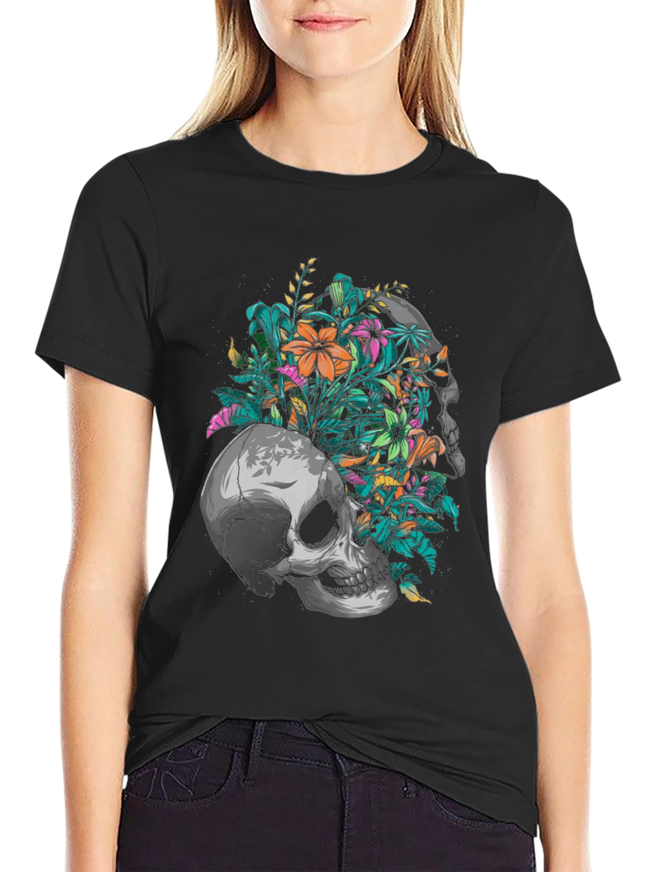 Floral Skull Graphic Black T-Shirt