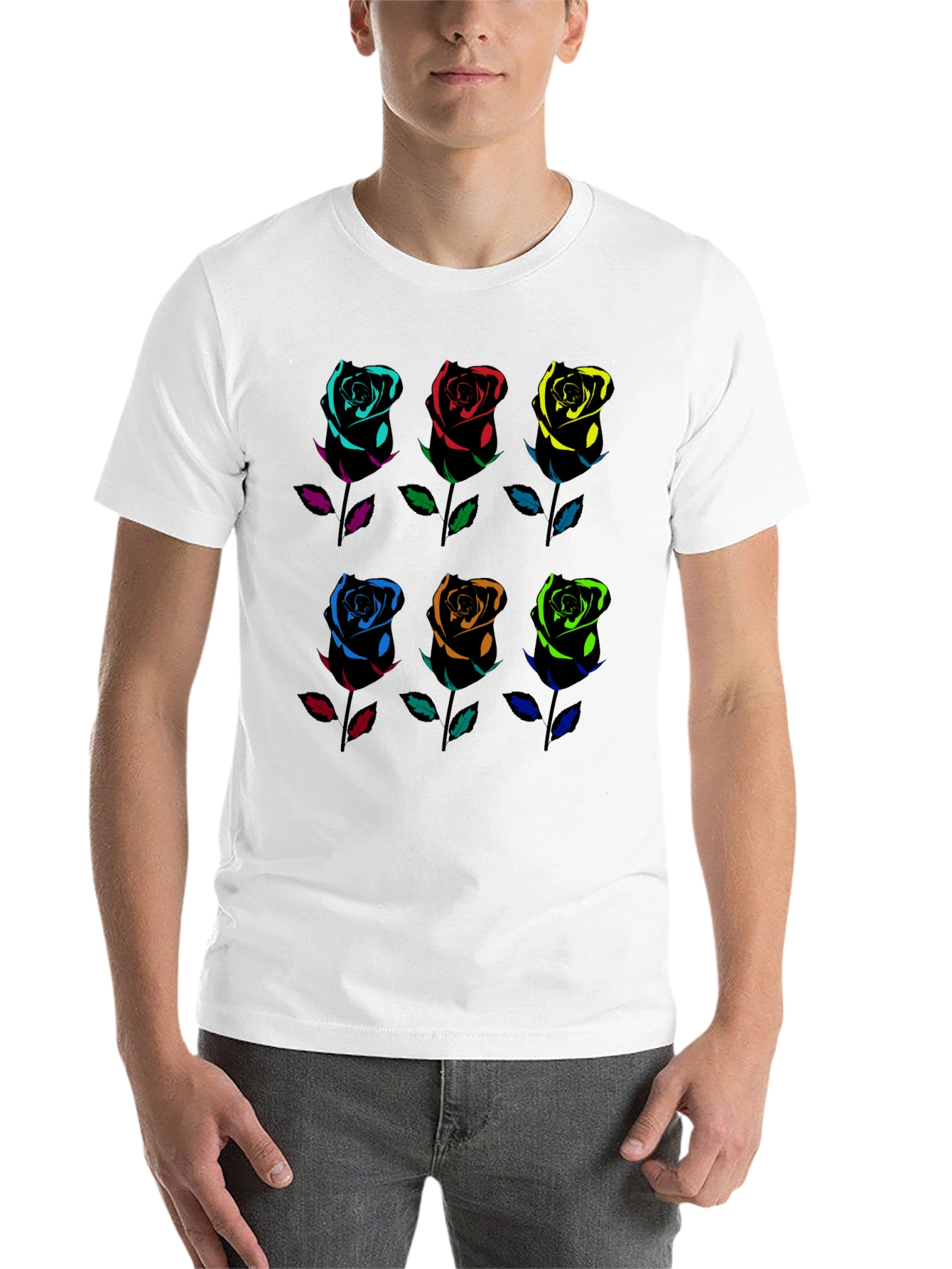 Rainbow Roses Graphic Tee - Black Cotton T-Shirt