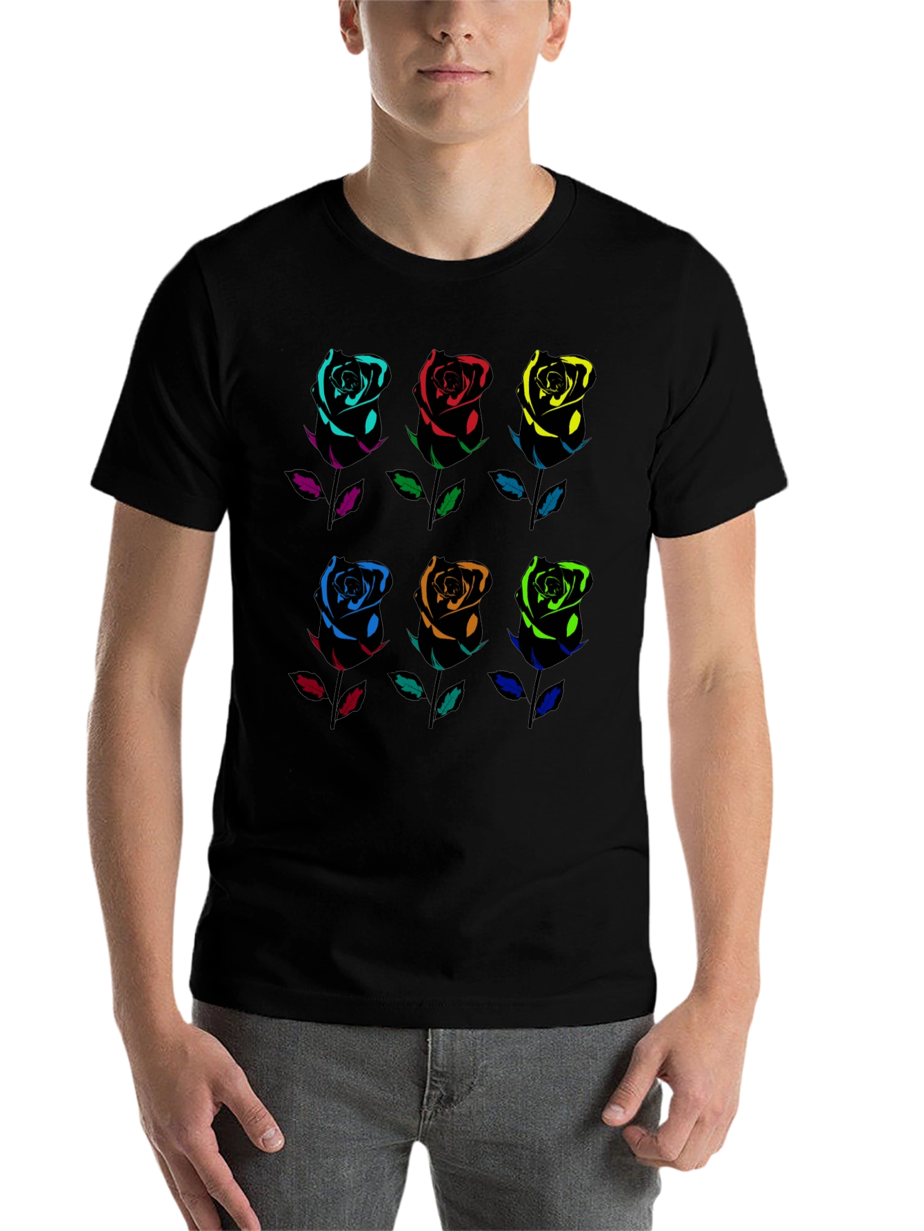 Rainbow Roses Graphic Tee - Black Cotton T-Shirt