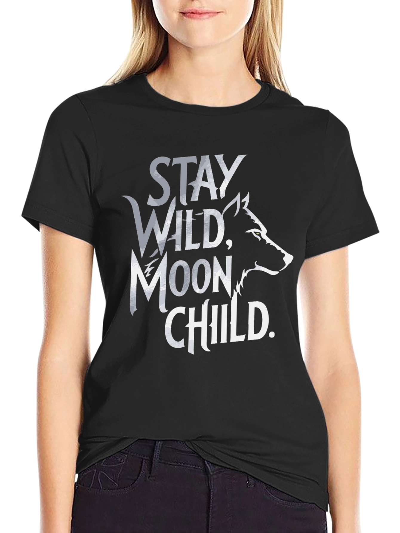 Stay Wild Moon Child T-Shirt - Black Wolf Design