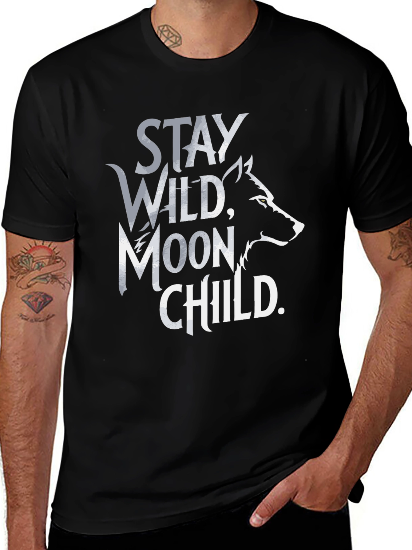 Stay Wild Moon Child T-Shirt - Black Wolf Design