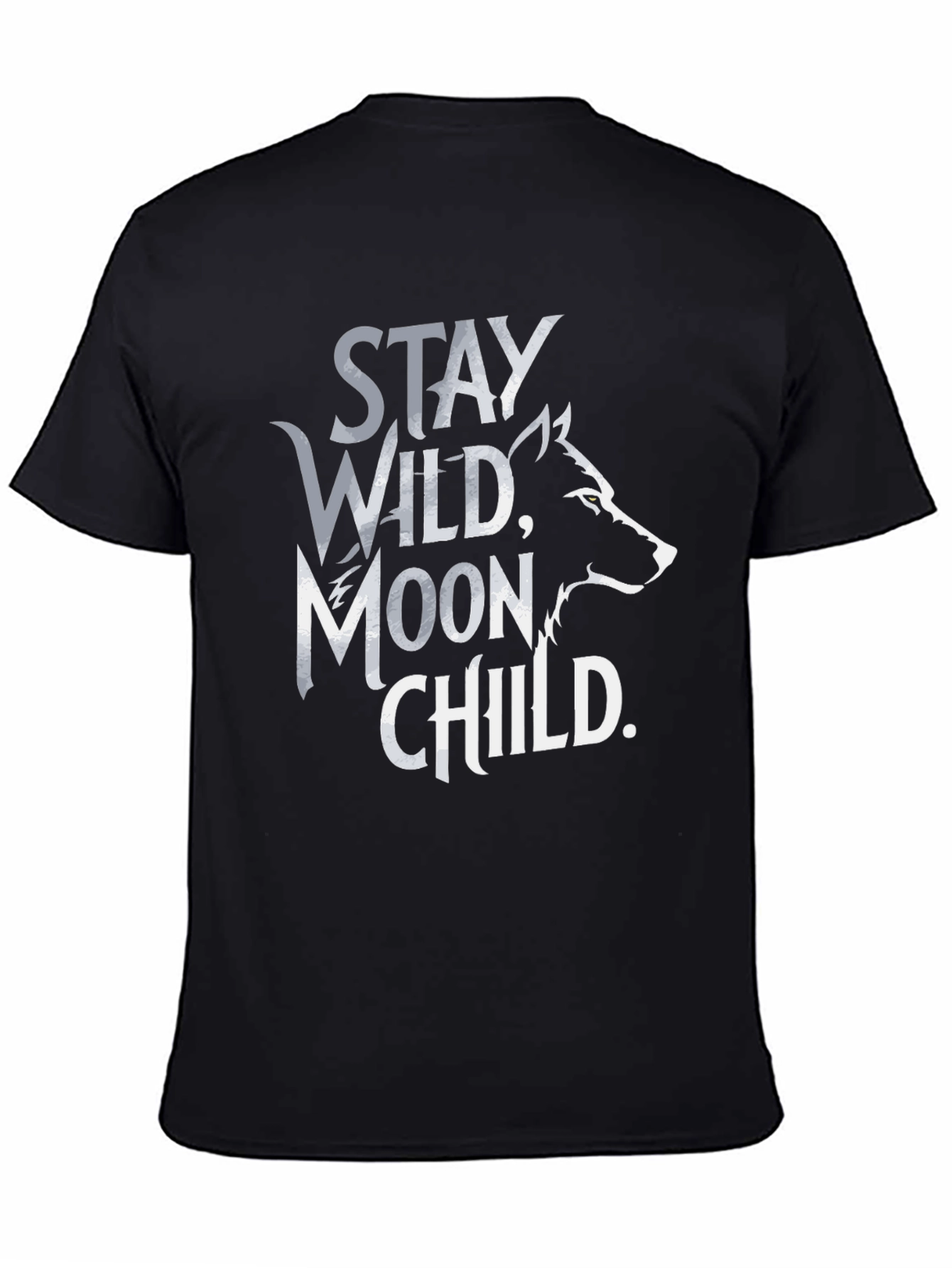 Stay Wild Moon Child T-Shirt - Black Wolf Design