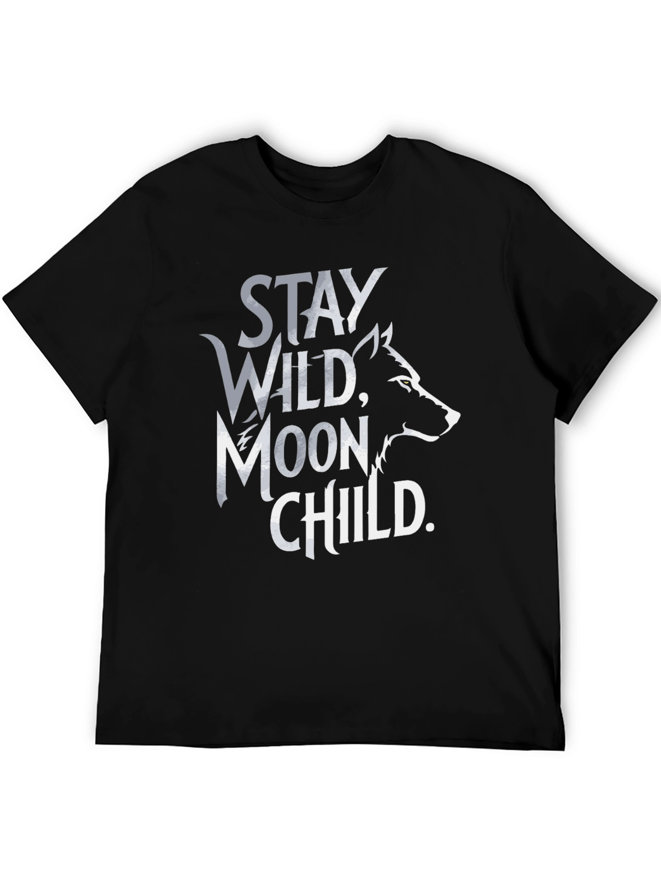 Stay Wild Moon Child T-Shirt - Black Wolf Design
