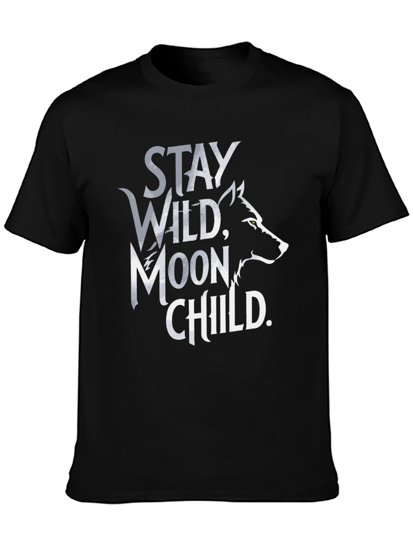 Stay Wild Moon Child T-Shirt - Black Wolf Design