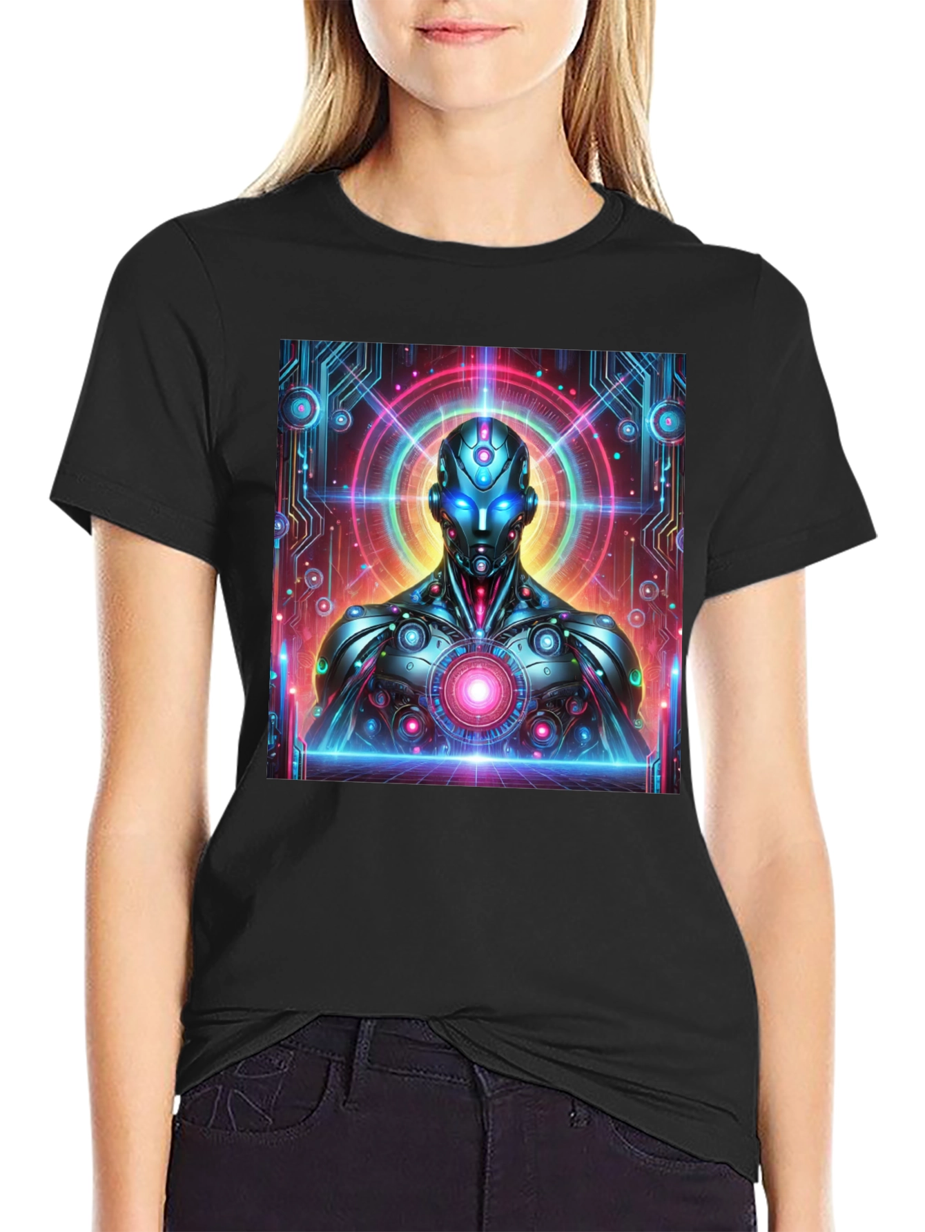 Futuristic Robot Graphic Tee - Black