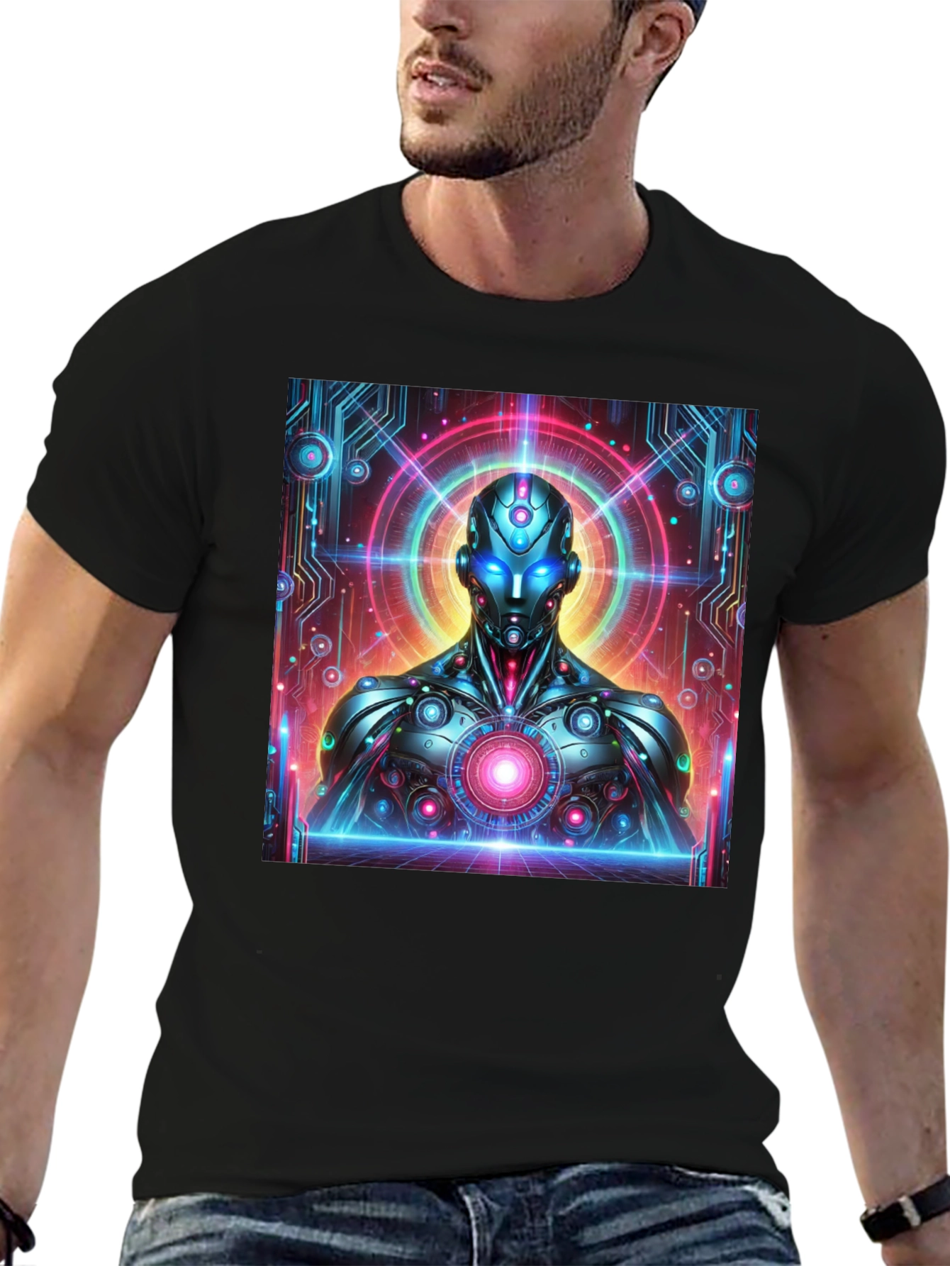Futuristic Robot Graphic Tee - Black