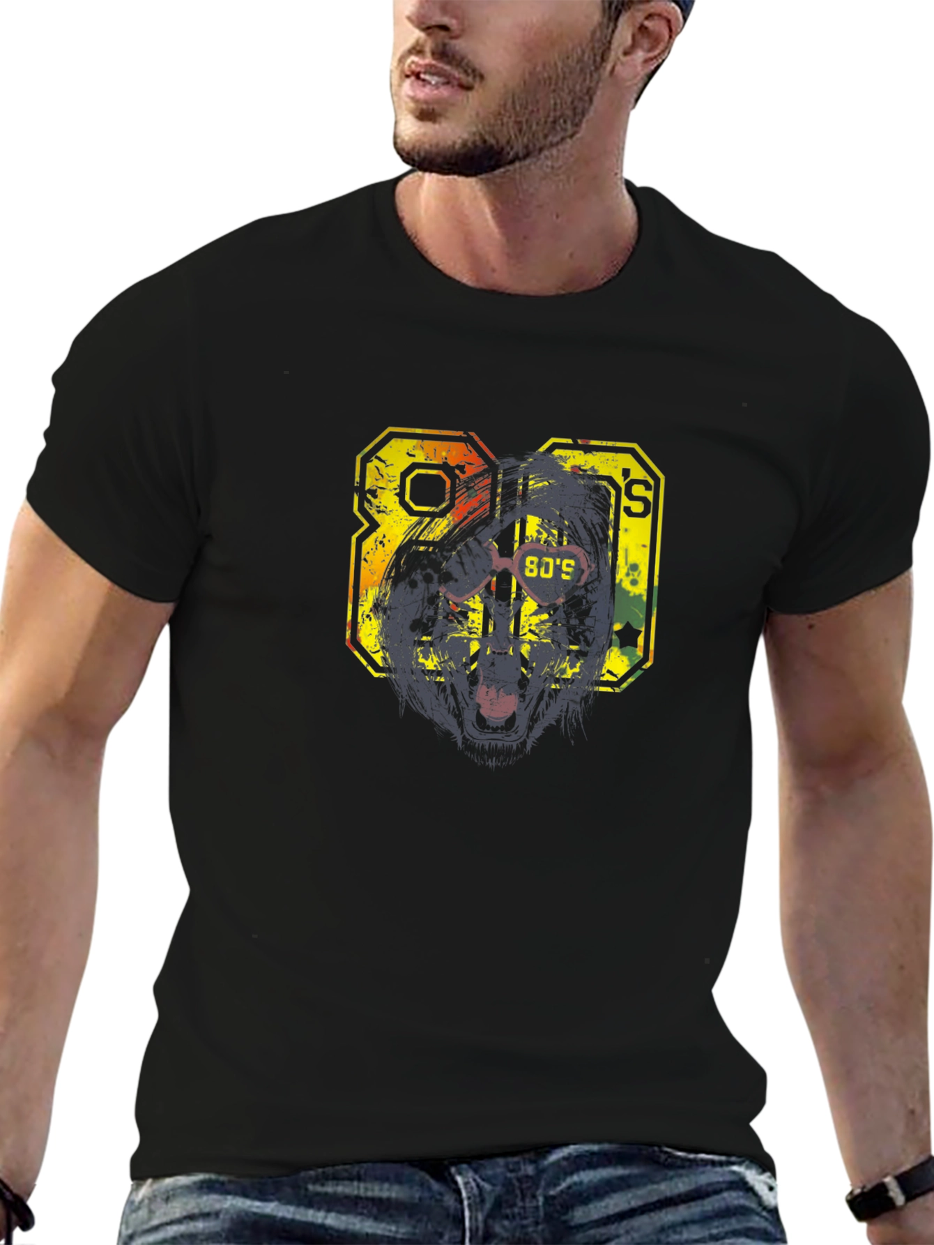 Retro 80s Graphic Print Black T-Shirt