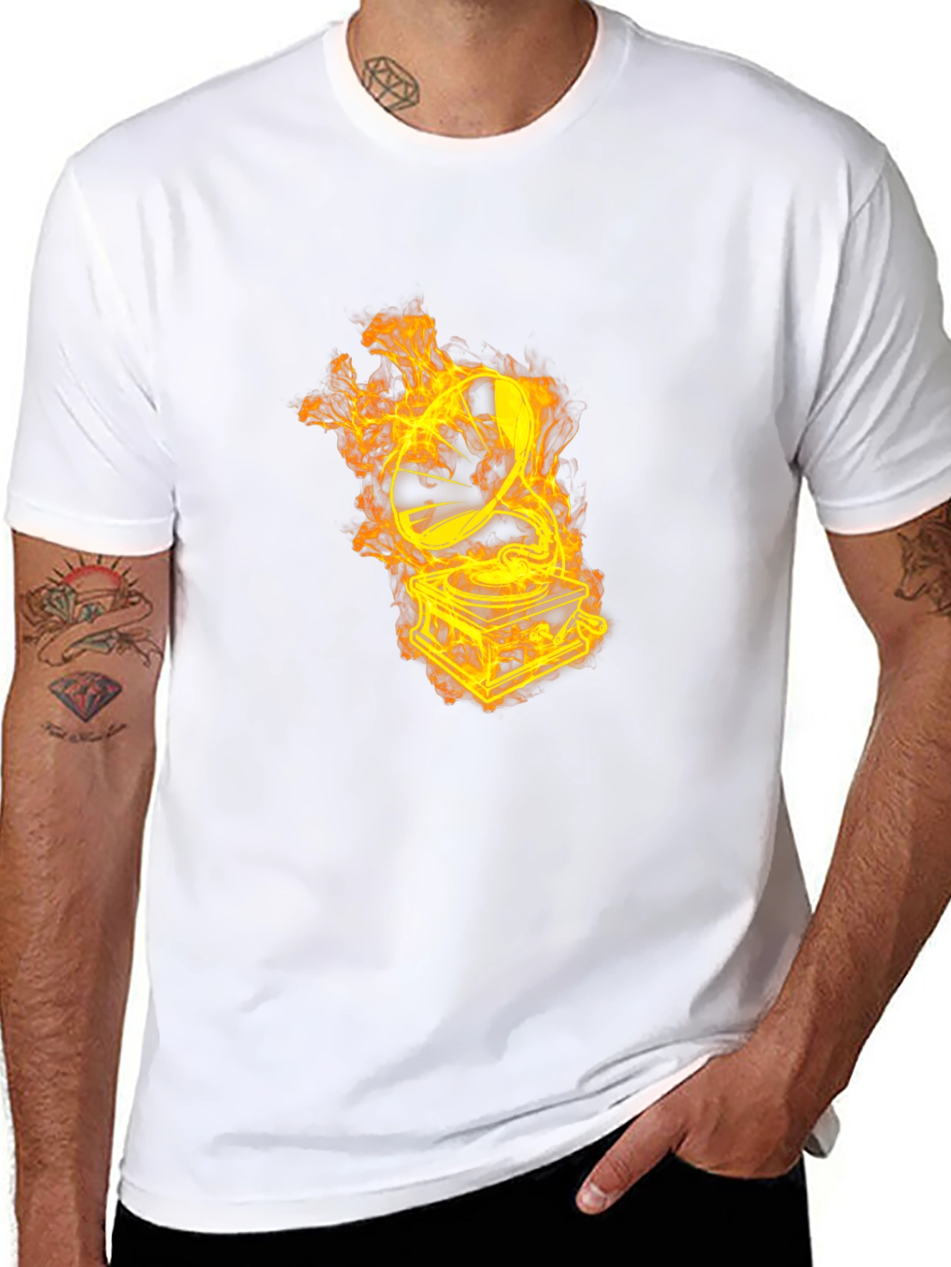 Flaming Turntable Graphic T-Shirt - Black