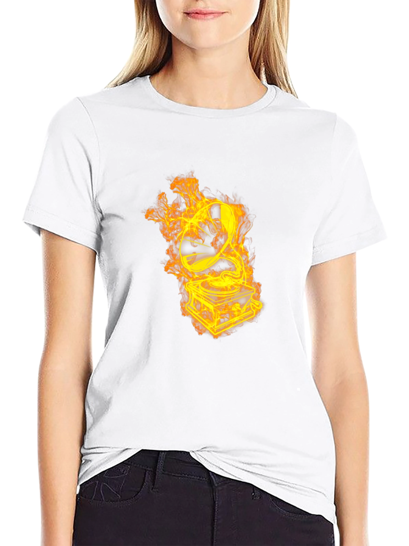 Flaming Turntable Graphic T-Shirt - Black