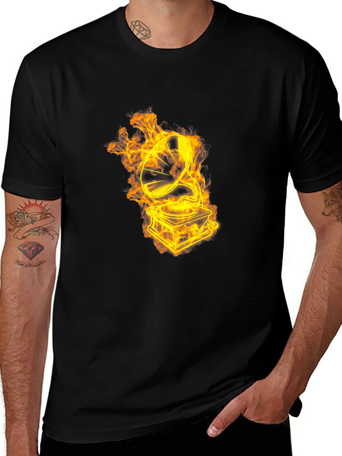Flaming Turntable Graphic T-Shirt - Black
