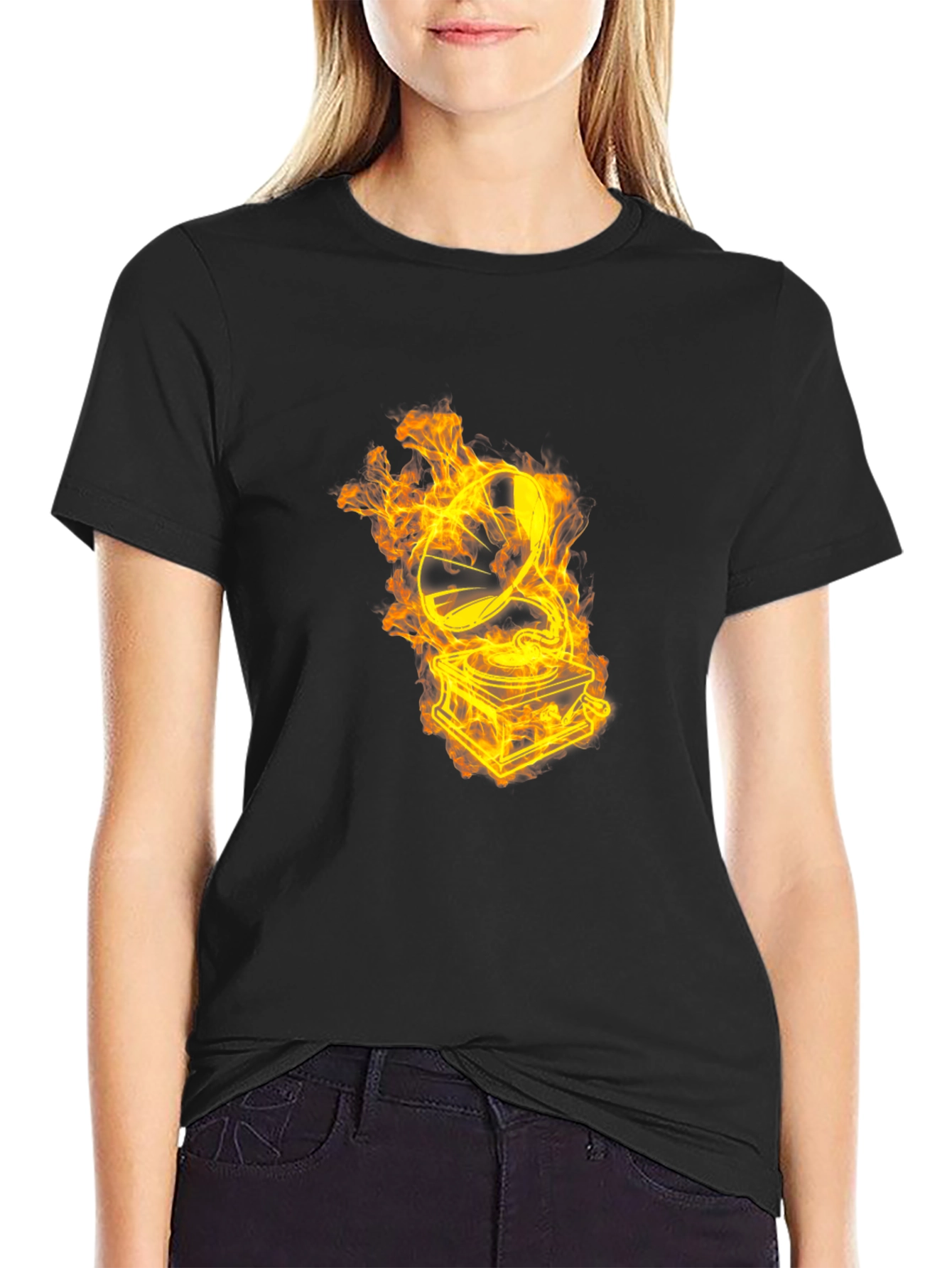 Flaming Turntable Graphic T-Shirt - Black