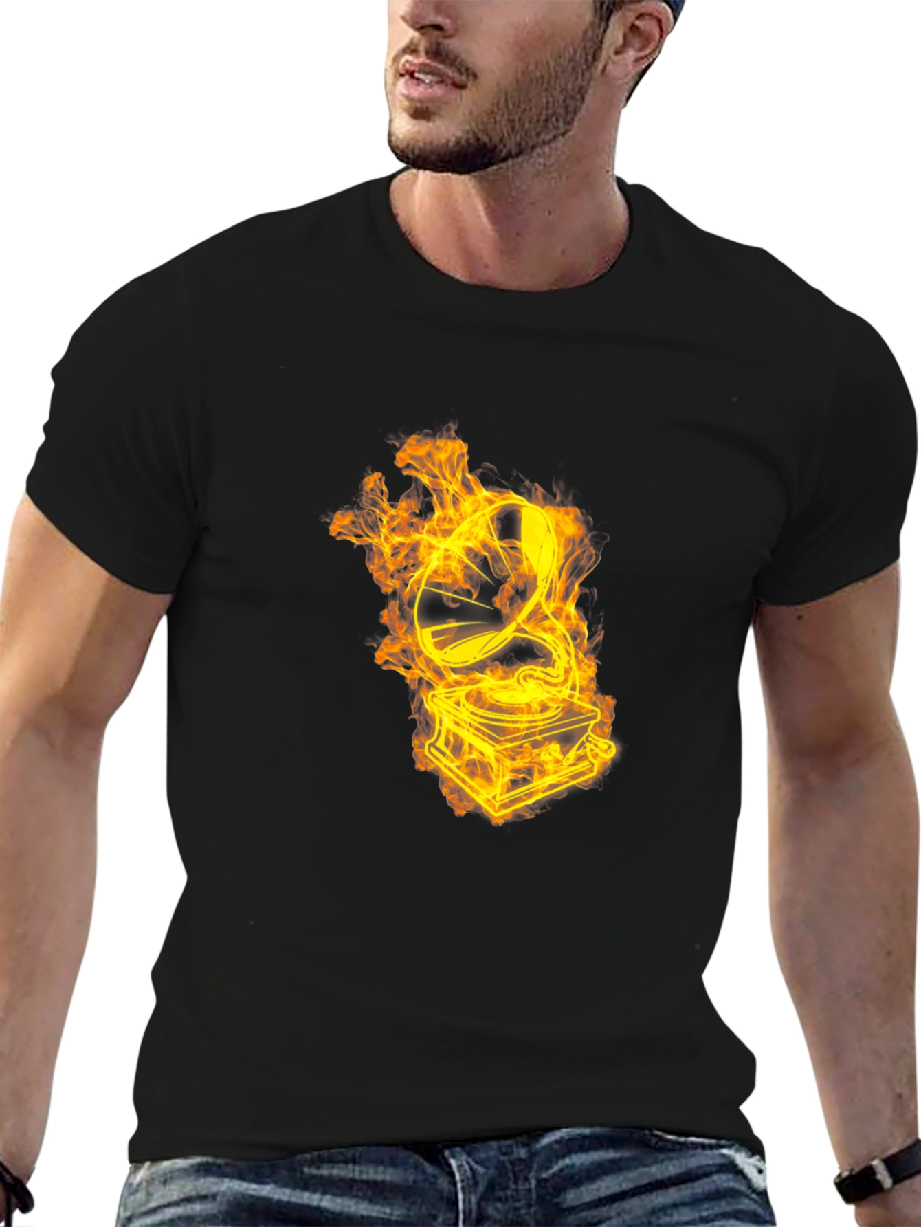 Flaming Turntable Graphic T-Shirt - Black