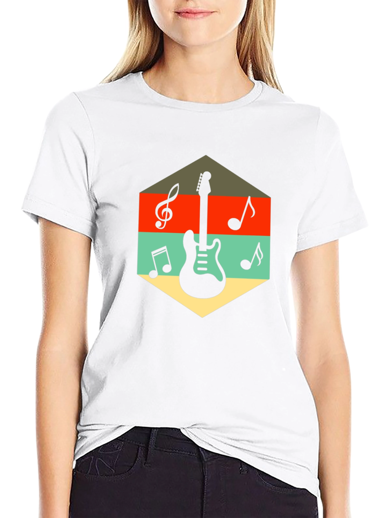 Retro Guitar & Music Note Graphic T-Shirt