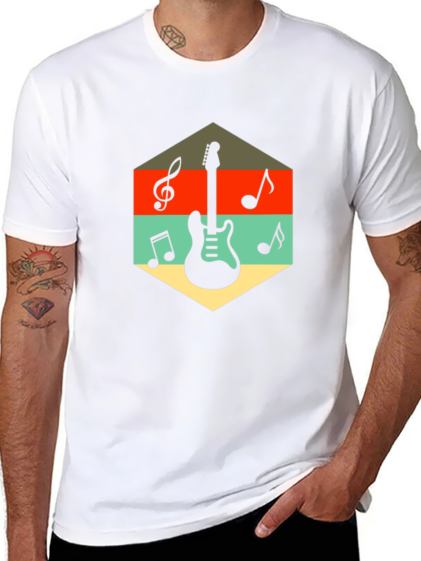 Retro Guitar & Music Note Graphic T-Shirt