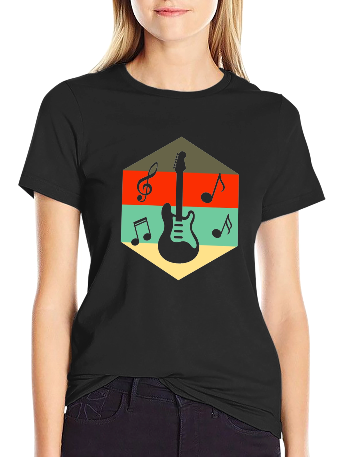 Retro Guitar & Music Note Graphic T-Shirt