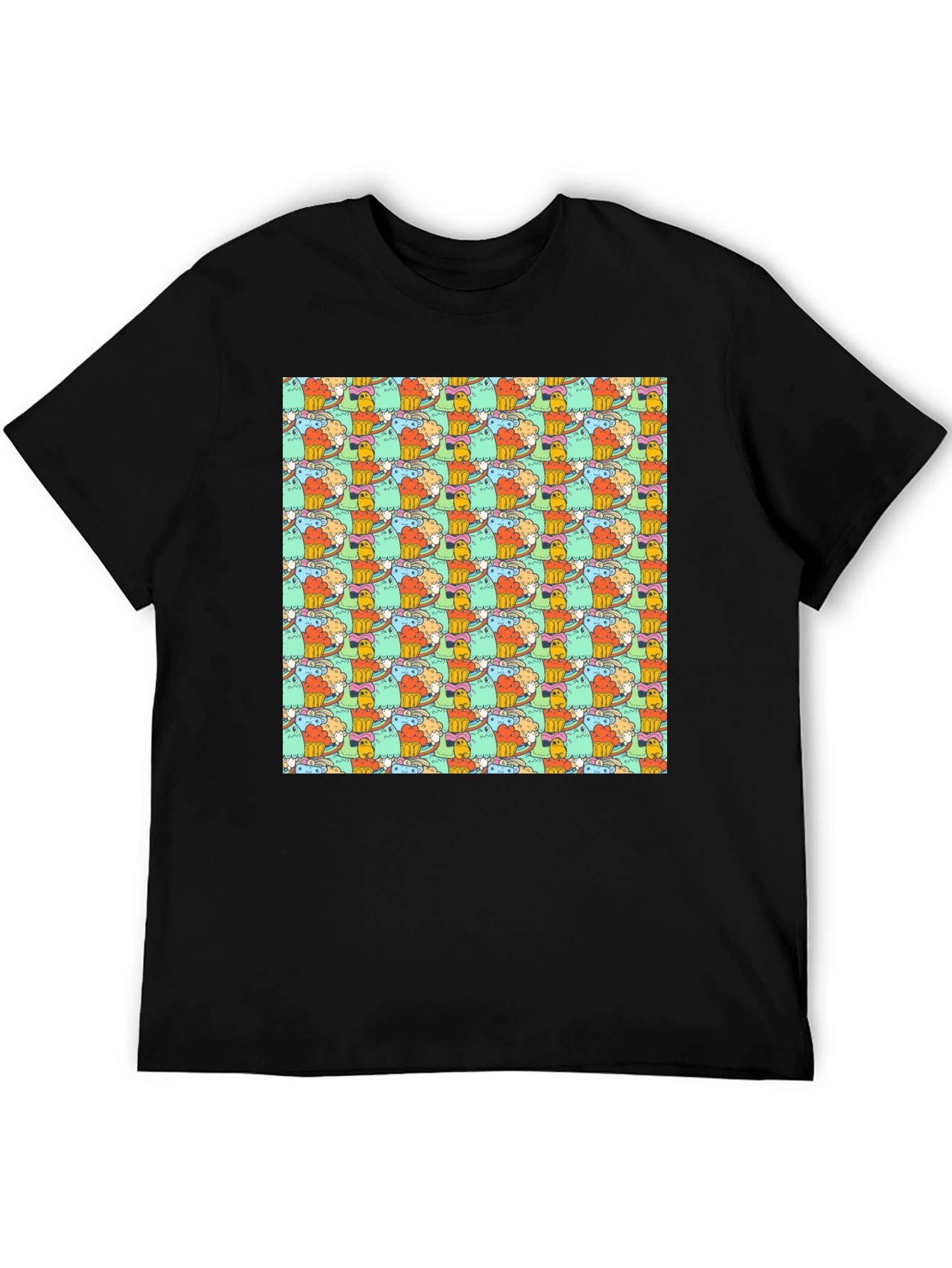 Fun Cartoon Character Pattern Black T-Shirt