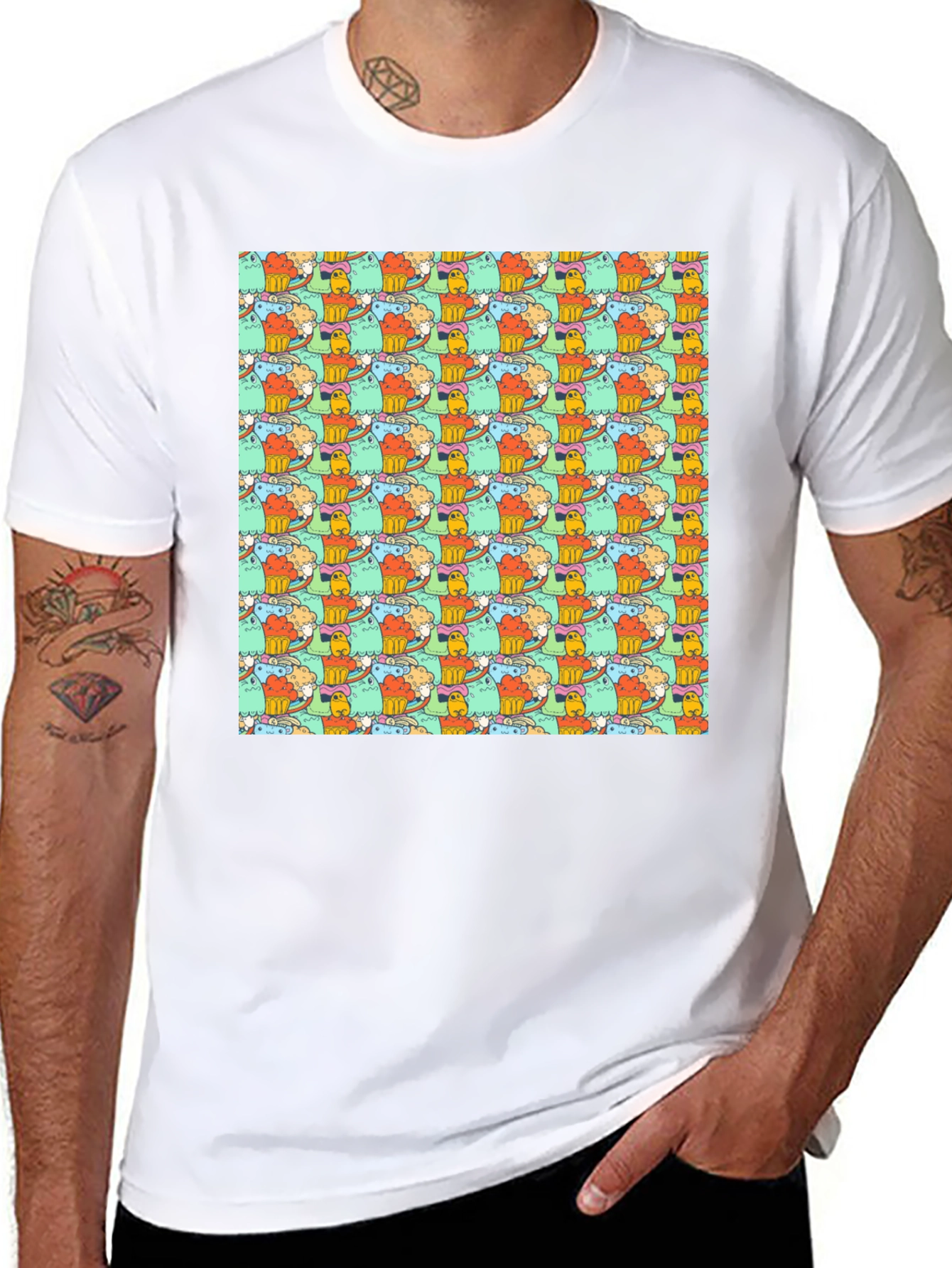 Fun Cartoon Character Pattern Black T-Shirt