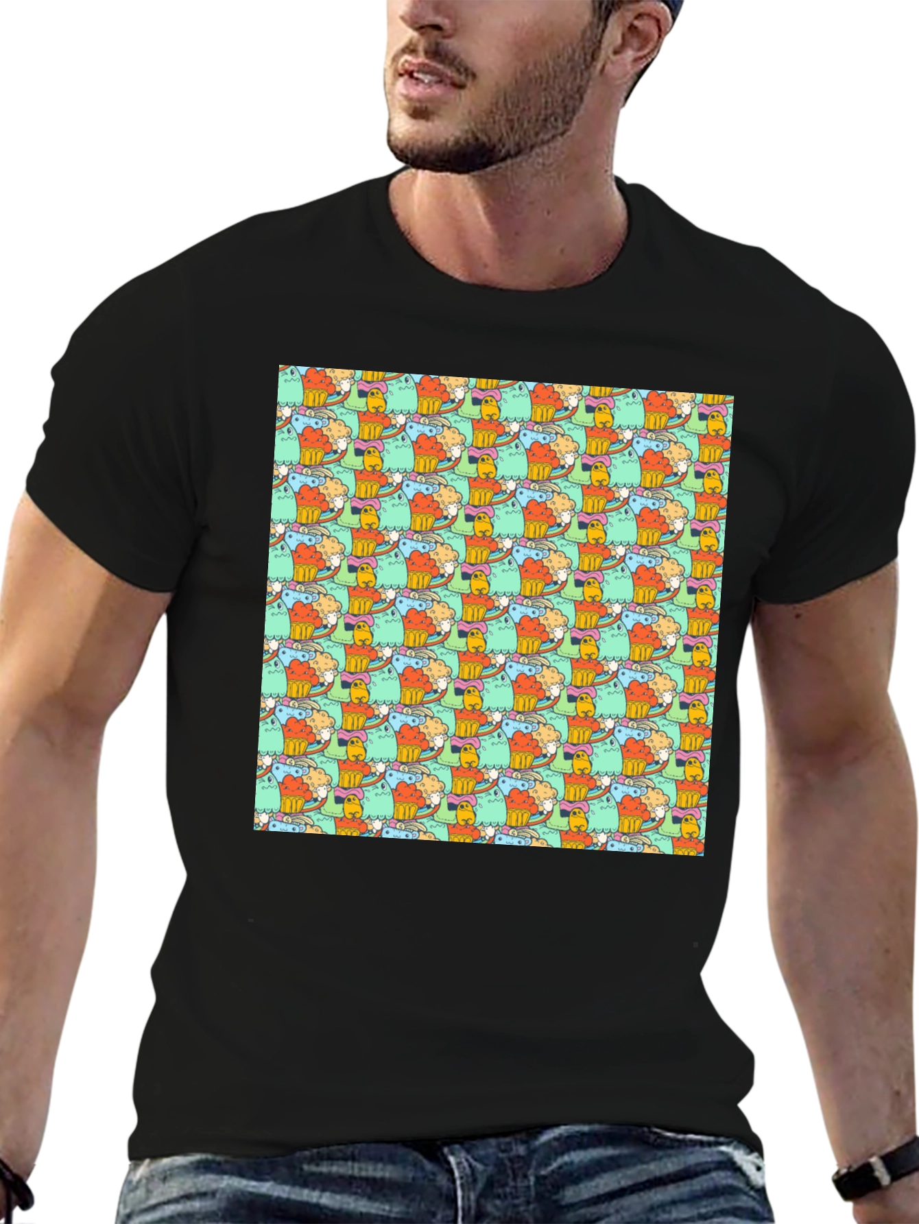 Fun Cartoon Character Pattern Black T-Shirt