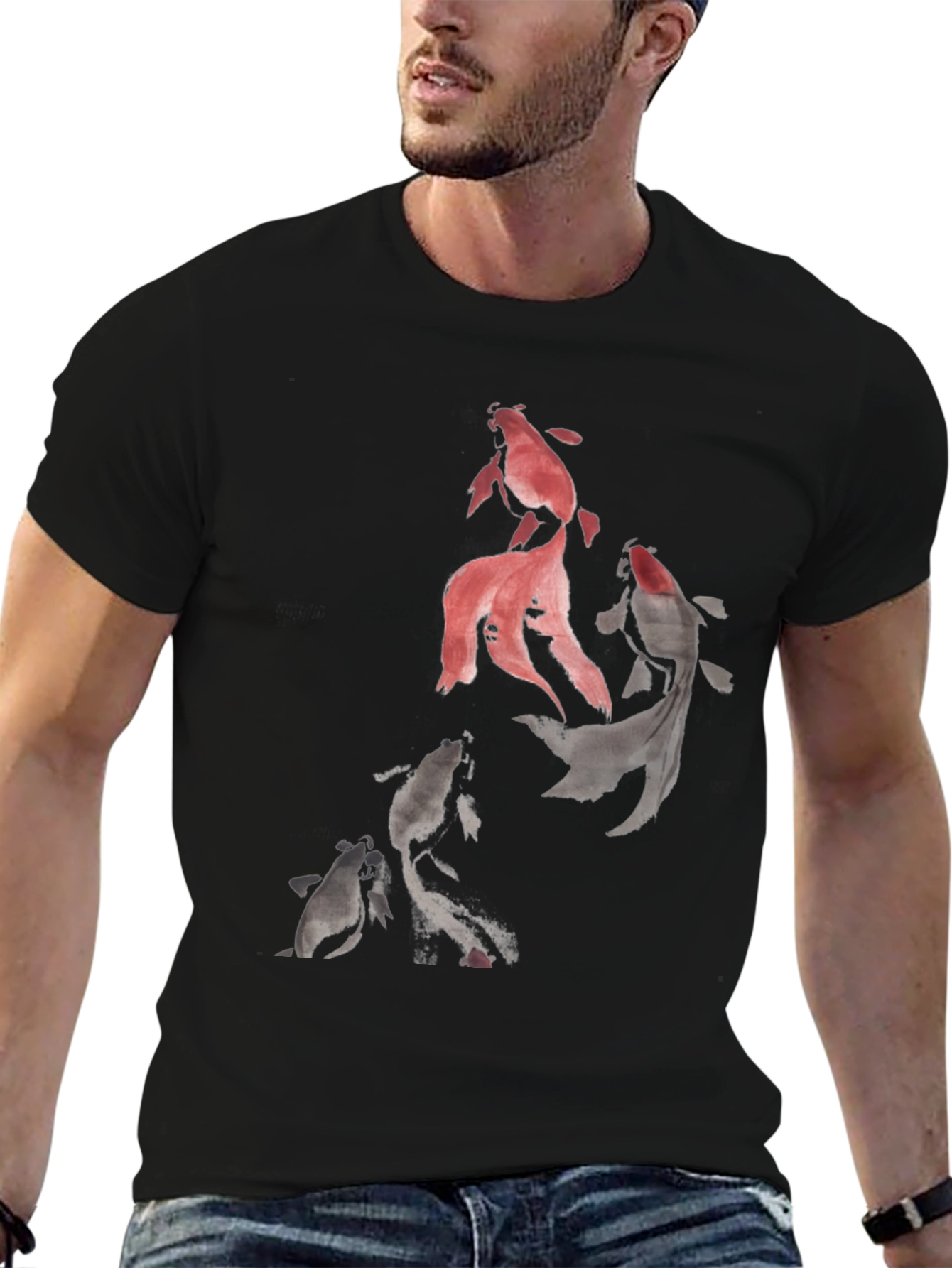 Koi Fish Graphic Print Black T-Shirt
