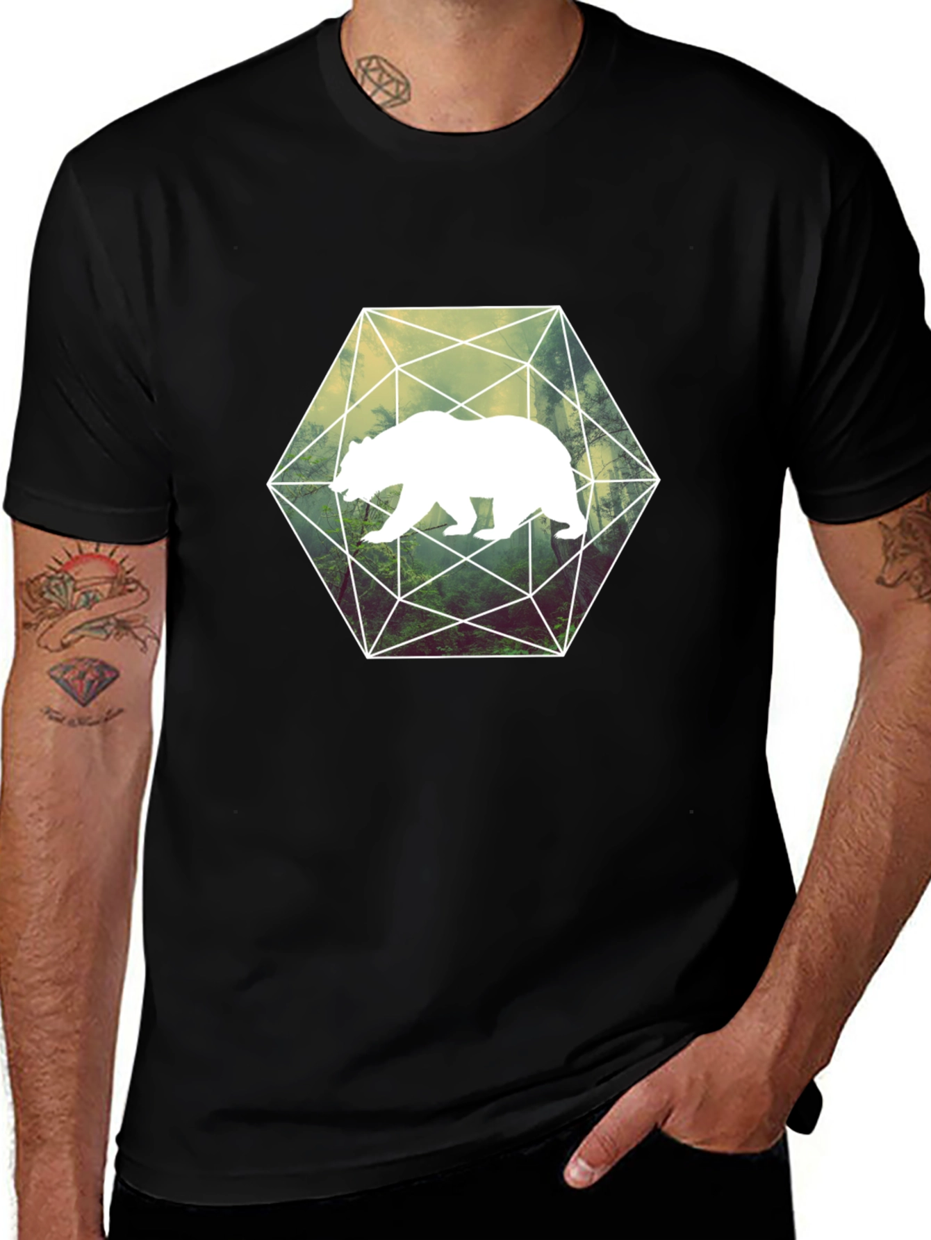 Geometric Bear Graphic T-Shirt - Black