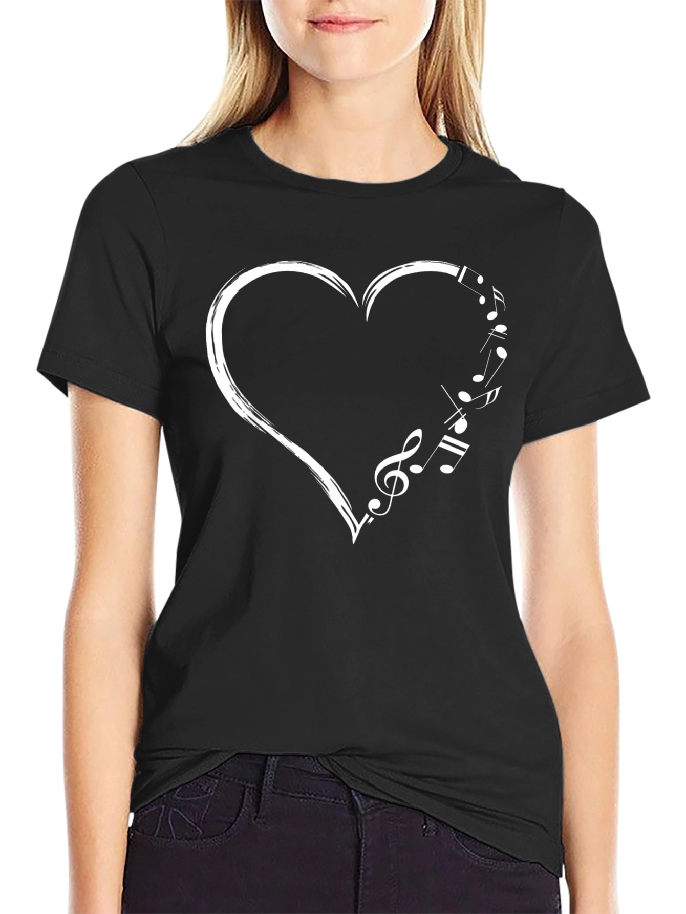 Musical Heart Graphic Tee - Black Cotton T-Shirt