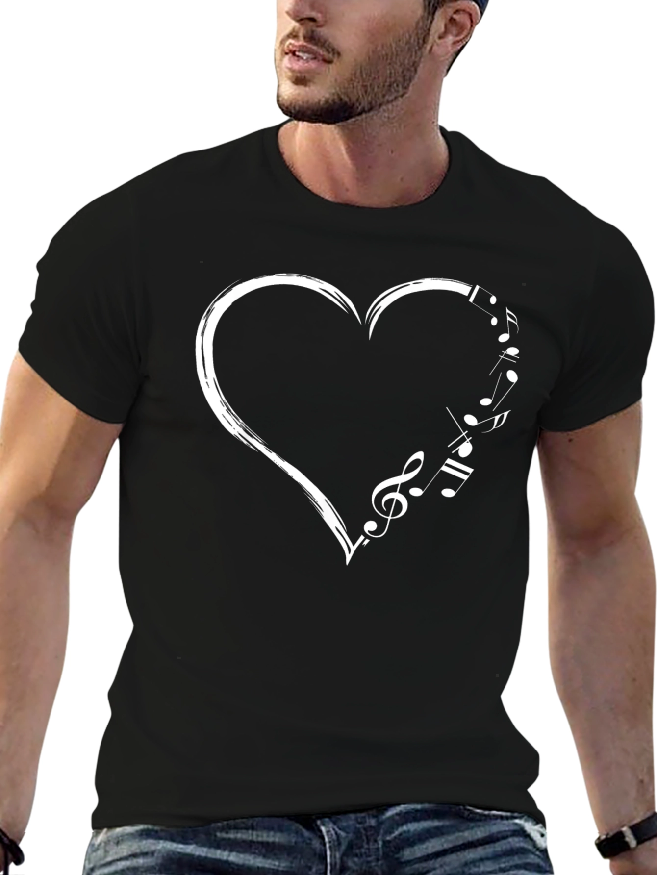 Musical Heart Graphic Tee - Black Cotton T-Shirt