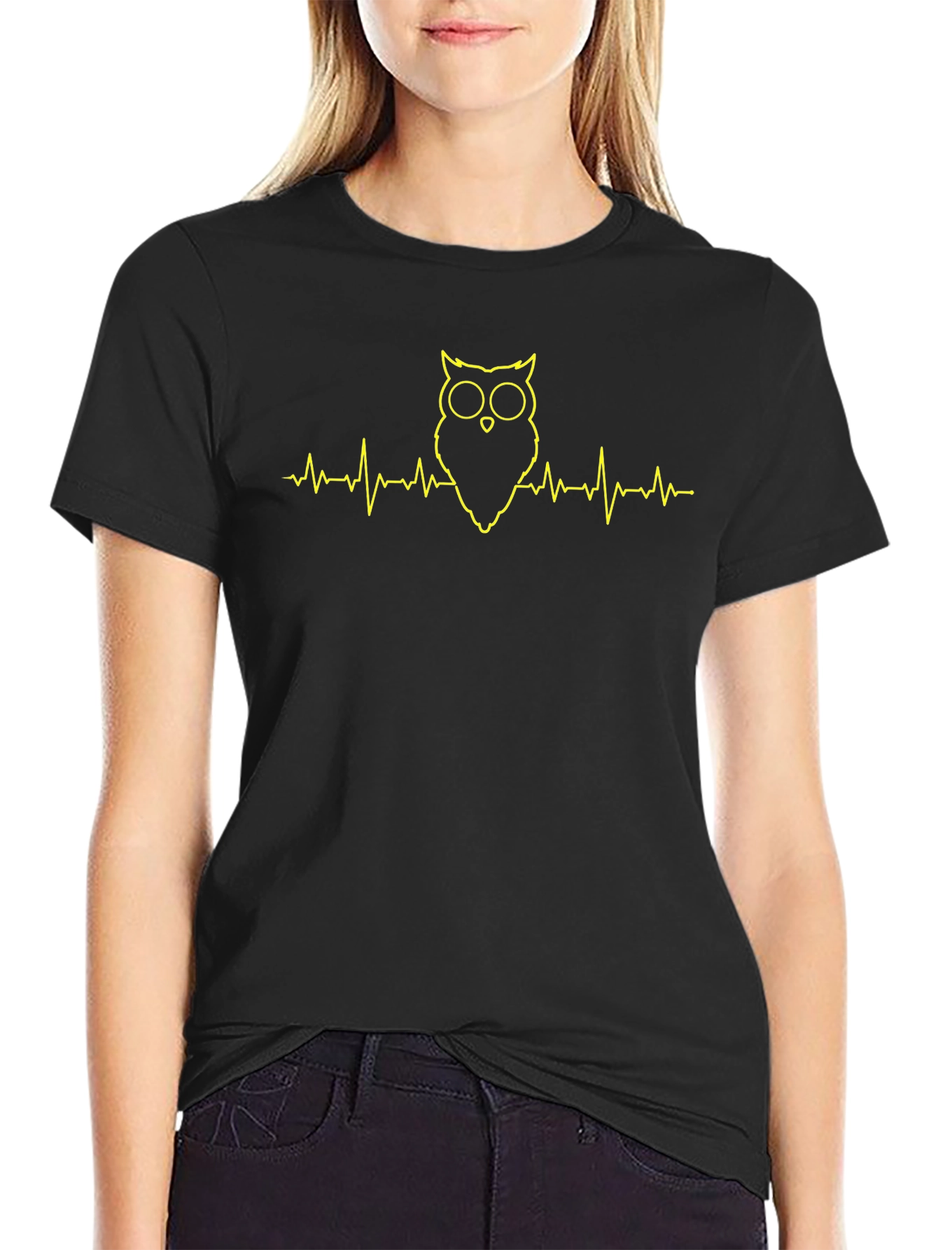 Owl Heartbeat T-Shirt - Black Unique Design