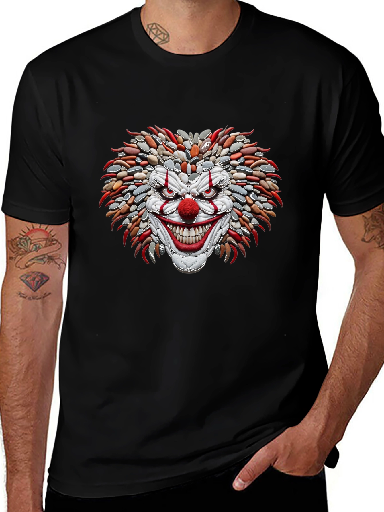 Mens Black T-Shirt with Stone Clown Design
