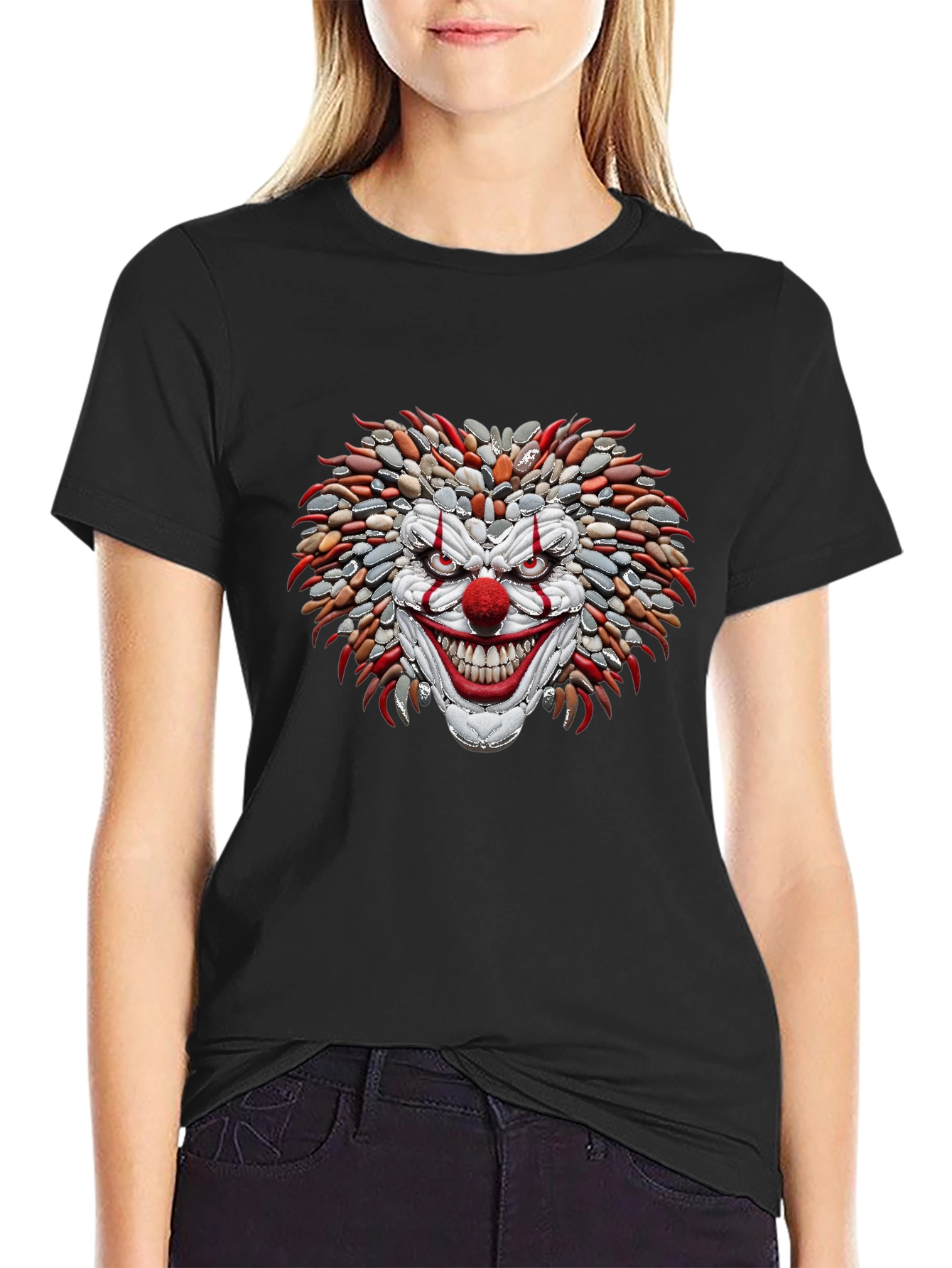 Mens Black T-Shirt with Stone Clown Design