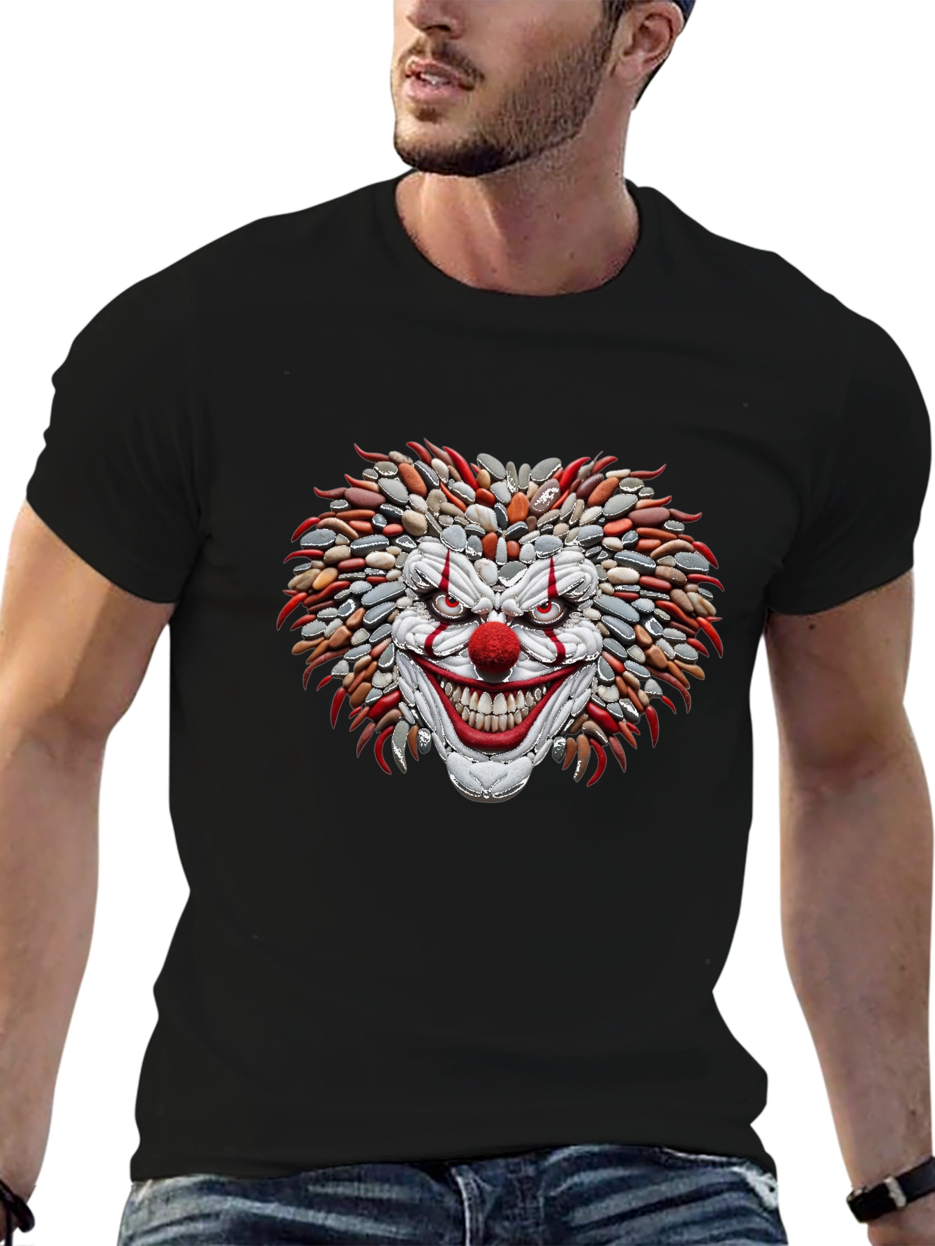 Mens Black T-Shirt with Stone Clown Design