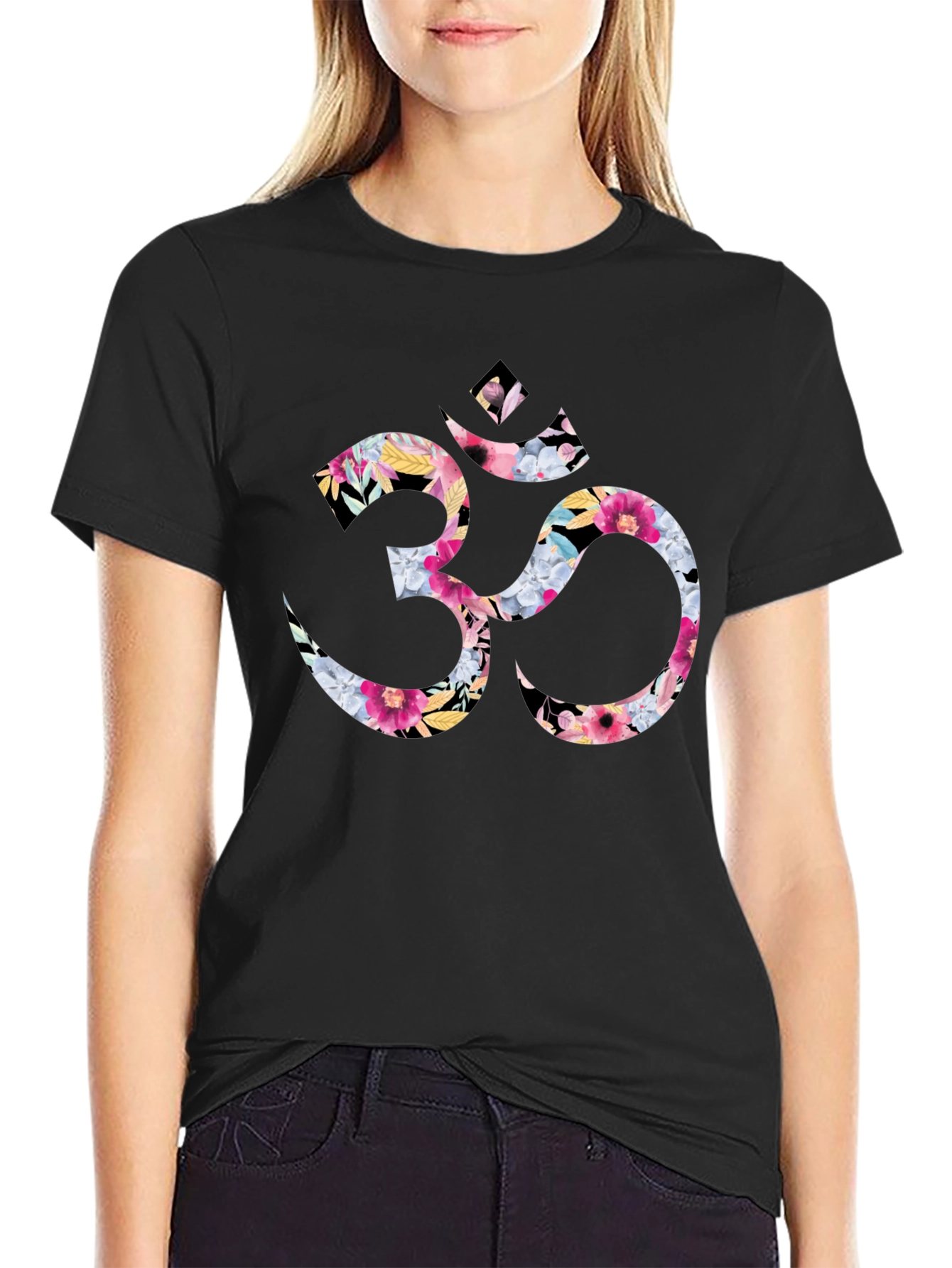 Floral Om Symbol Black T-Shirt