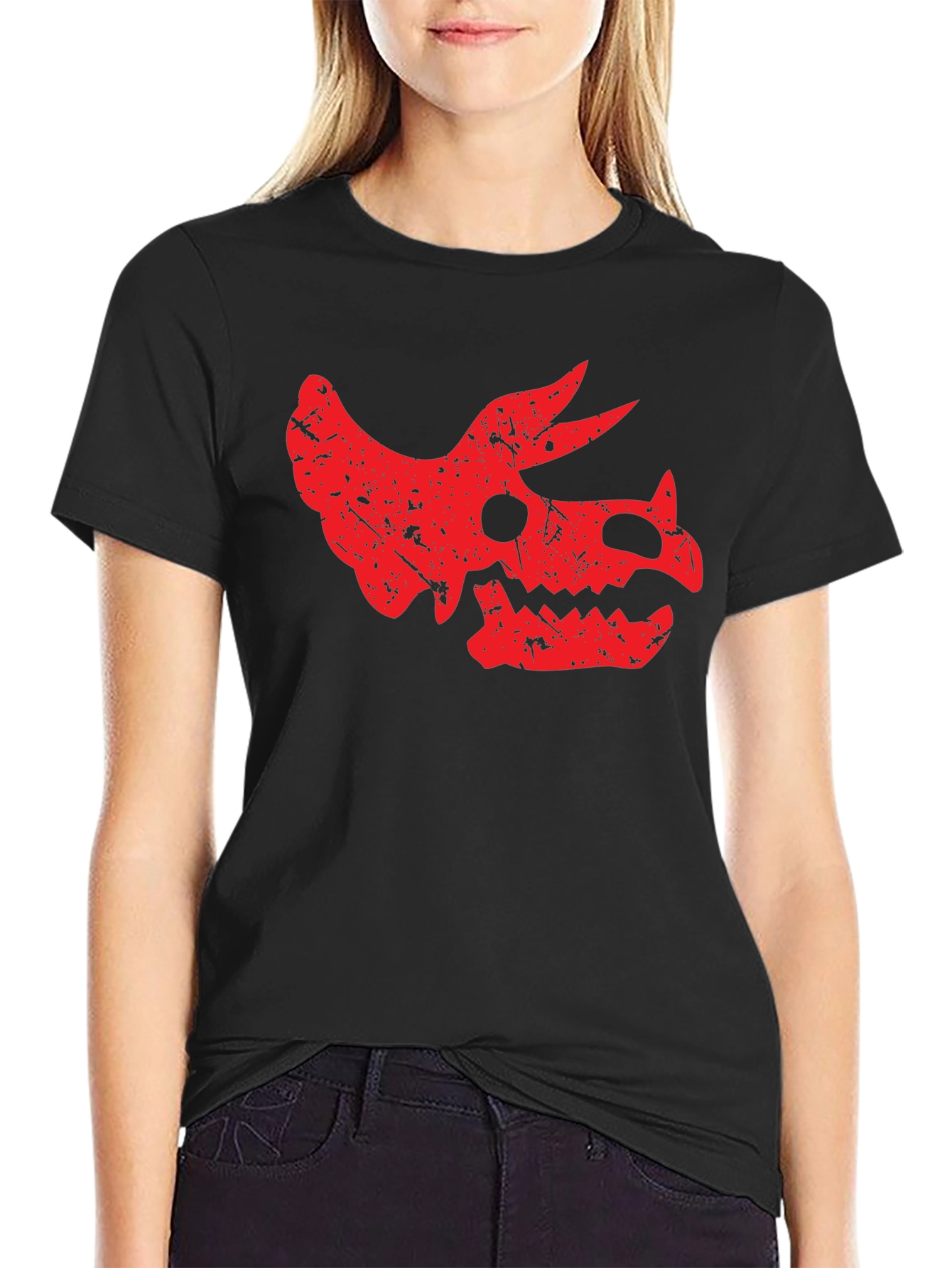 Dinosaur Skull Graphic Tee - Black Cotton T-Shirt