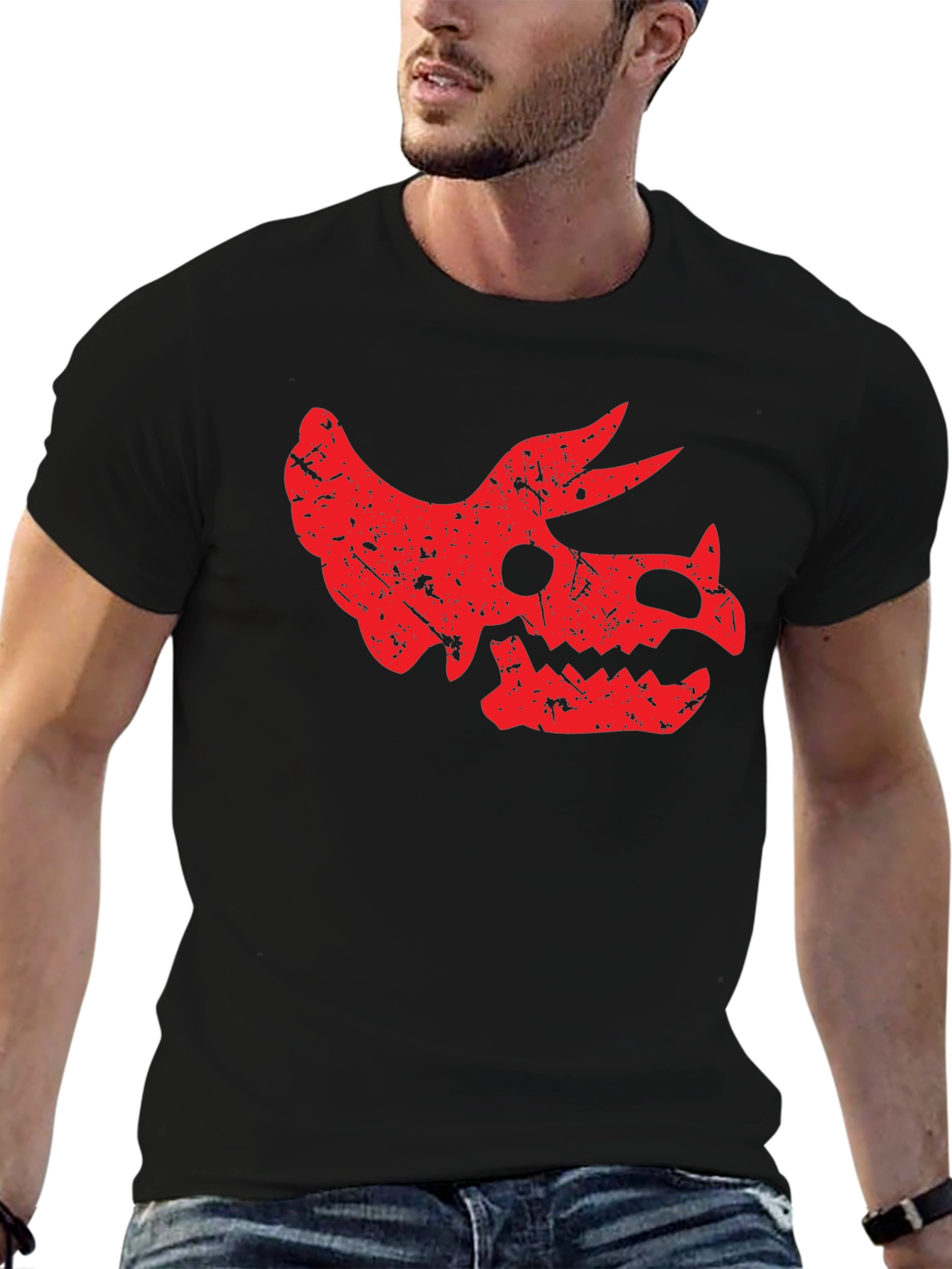 Dinosaur Skull Graphic Tee - Black Cotton T-Shirt