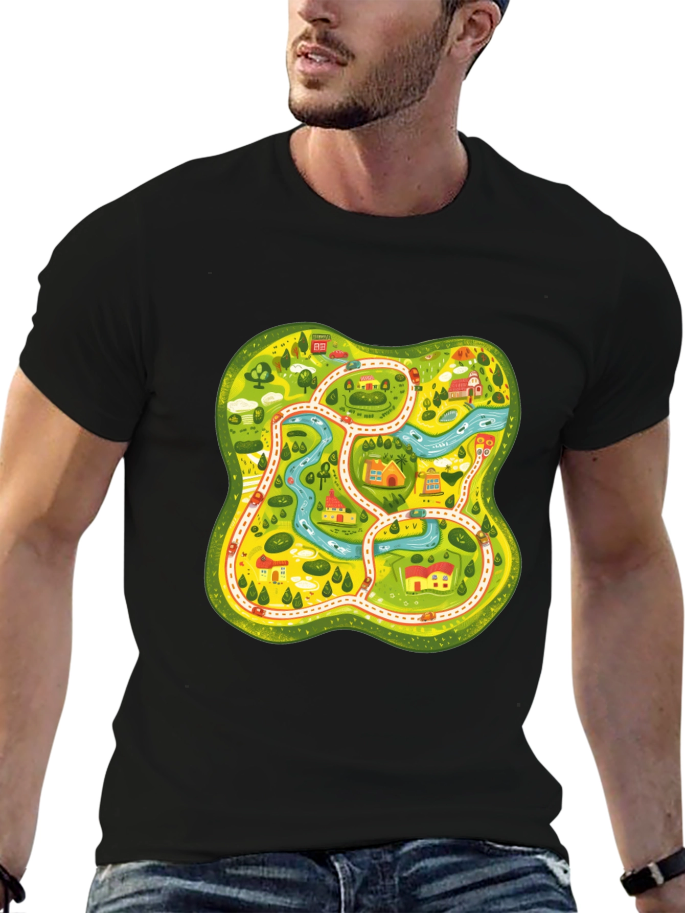 Fun Map Graphic Tee - Black Cotton T-Shirt