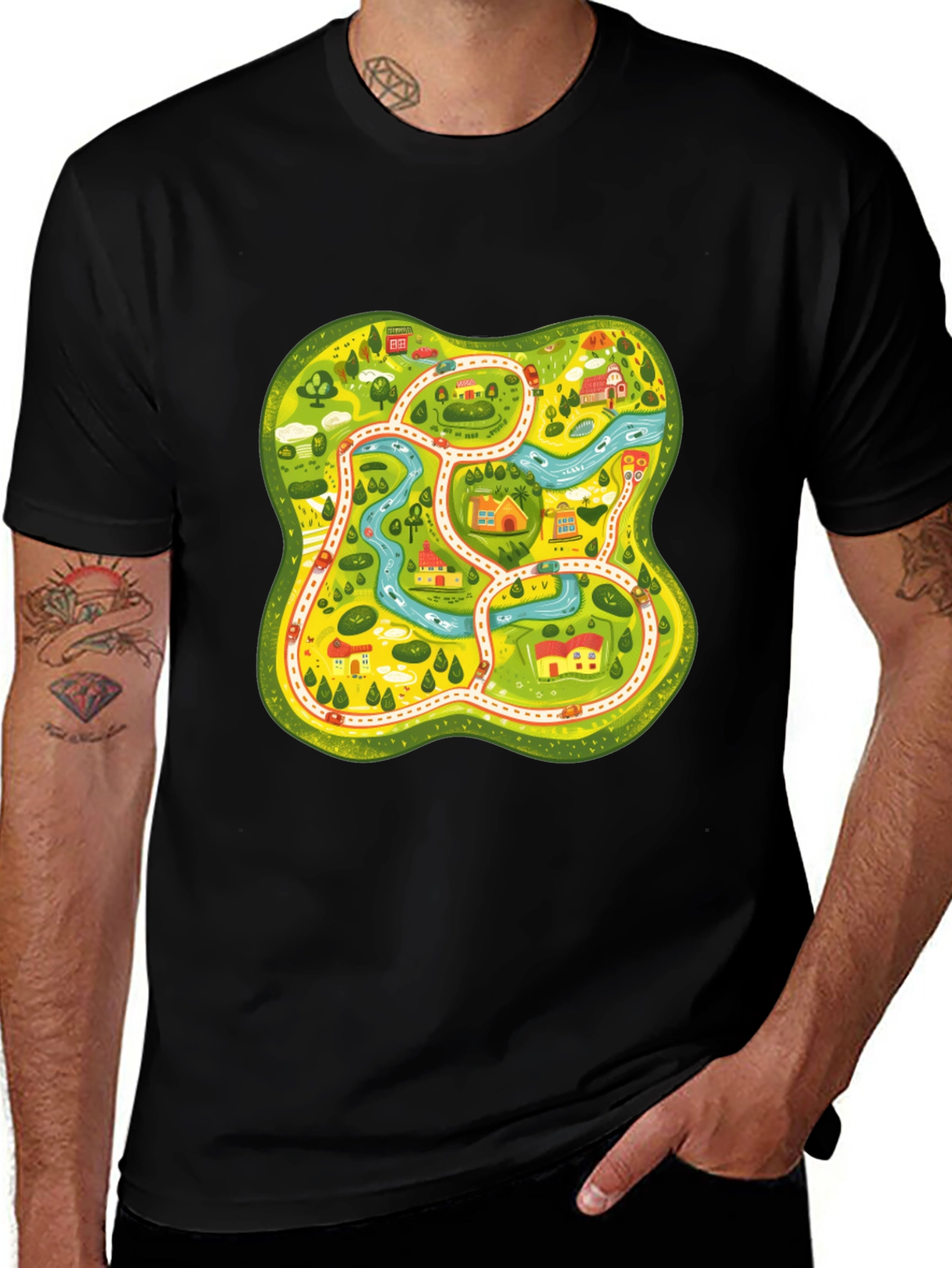 Fun Map Graphic Tee - Black Cotton T-Shirt