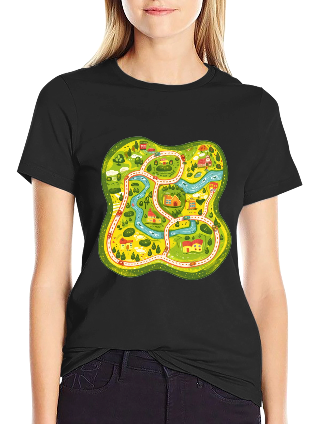 Fun Map Graphic Tee - Black Cotton T-Shirt
